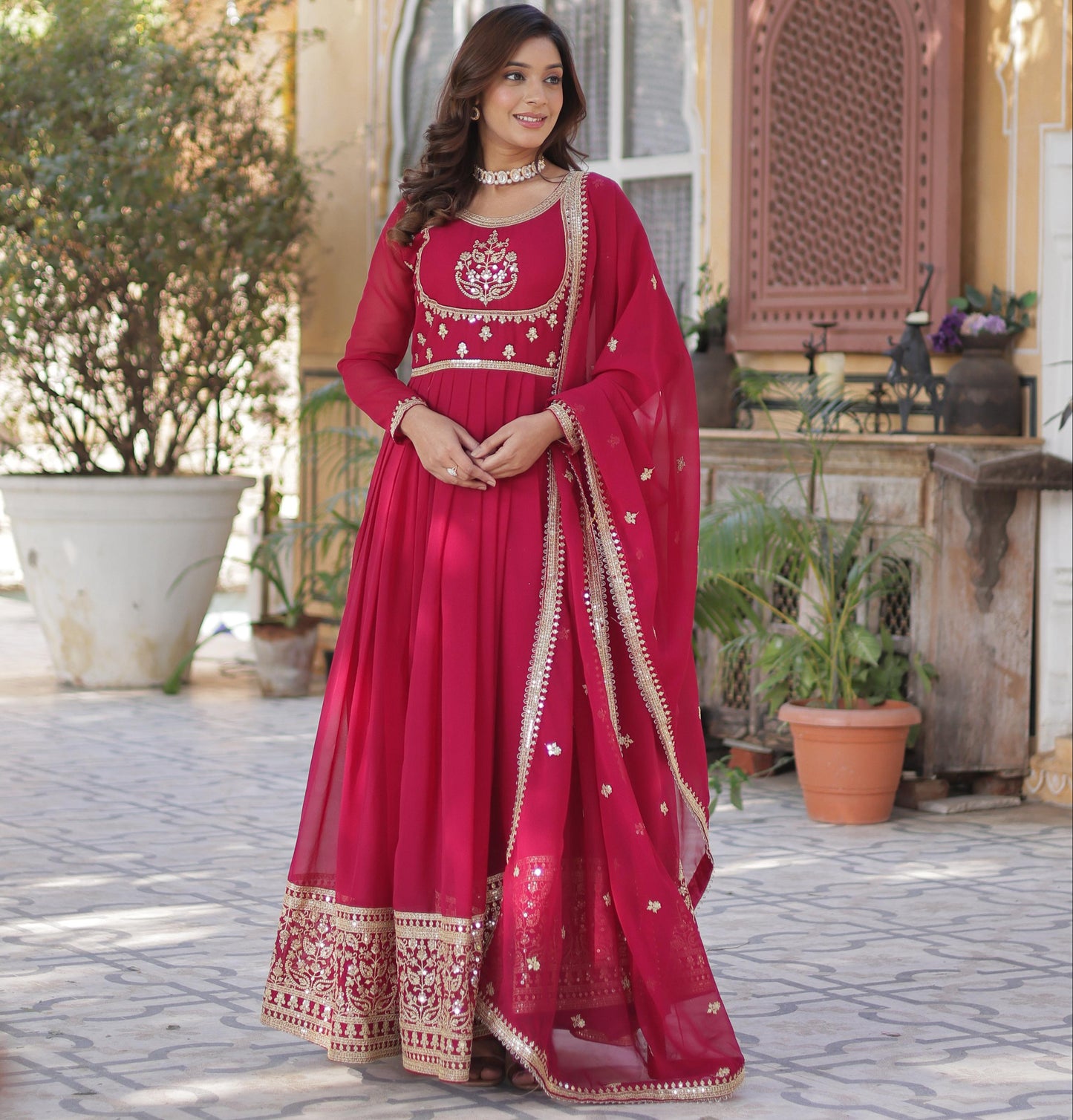 Pink Faux Blooming Georgette with Rich Sequins Embroidered Work Gown With Dupatta