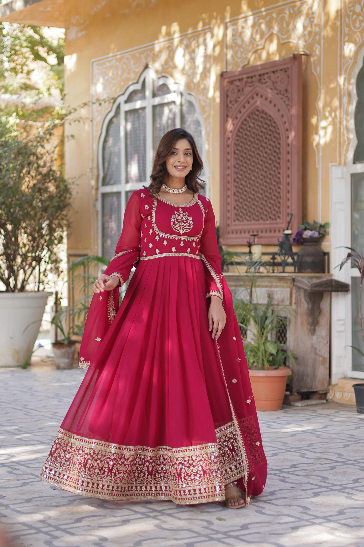 Pink Faux Blooming Georgette with Rich Sequins Embroidered Work Gown With Dupatta