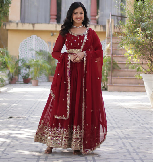 Maroon Faux Blooming with Embroidery Zari Sequins Work Gown With Dupatta