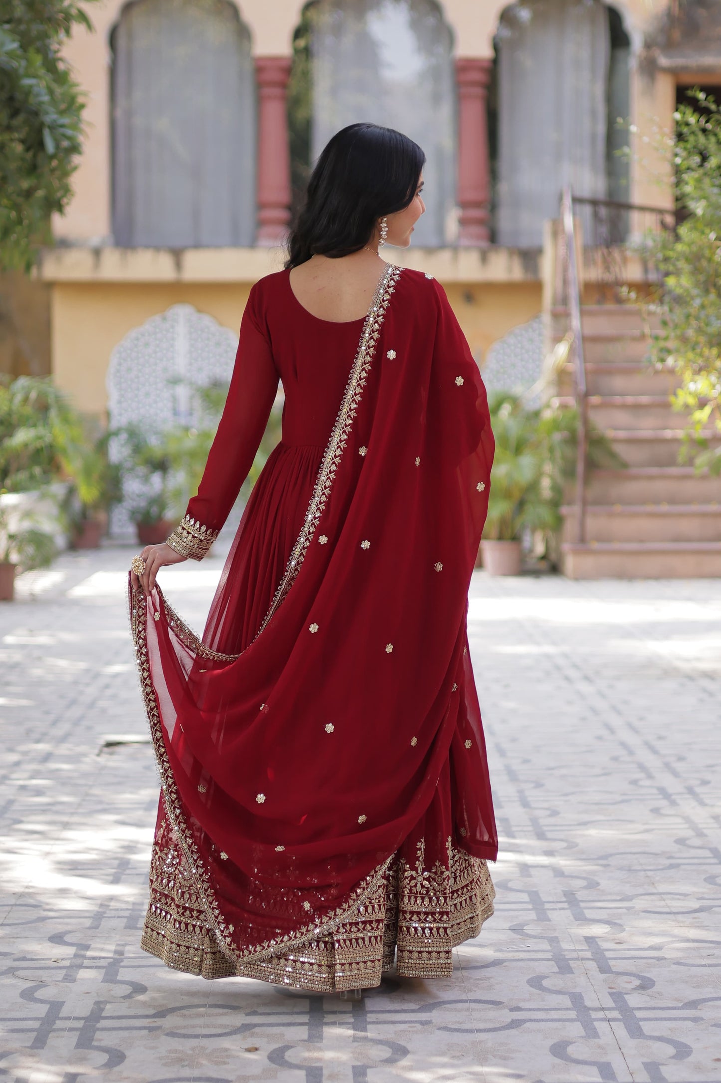 Maroon Faux Blooming with Embroidery Zari Sequins Work Gown With Dupatta