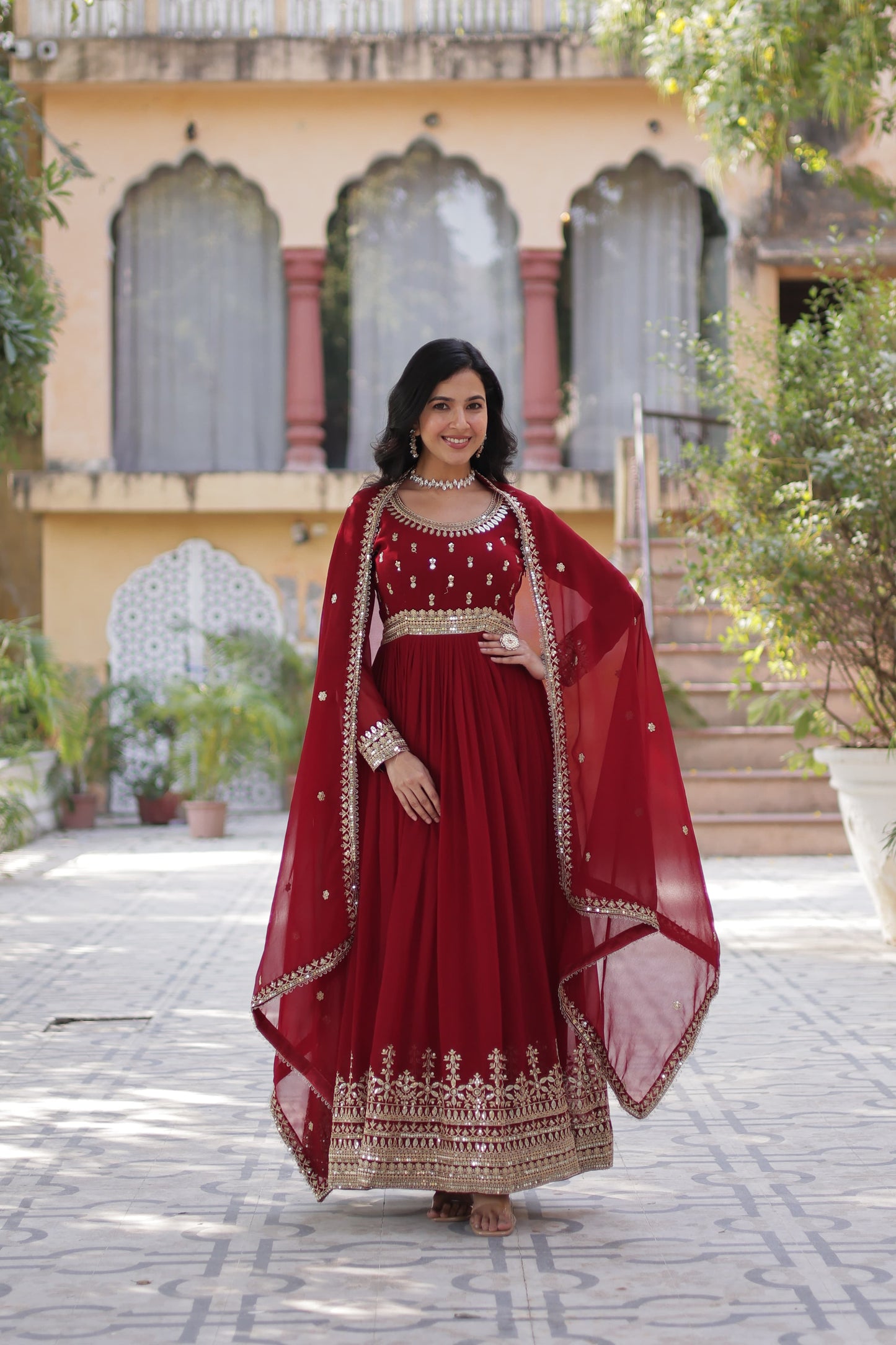 Maroon Faux Blooming with Embroidery Zari Sequins Work Gown With Dupatta