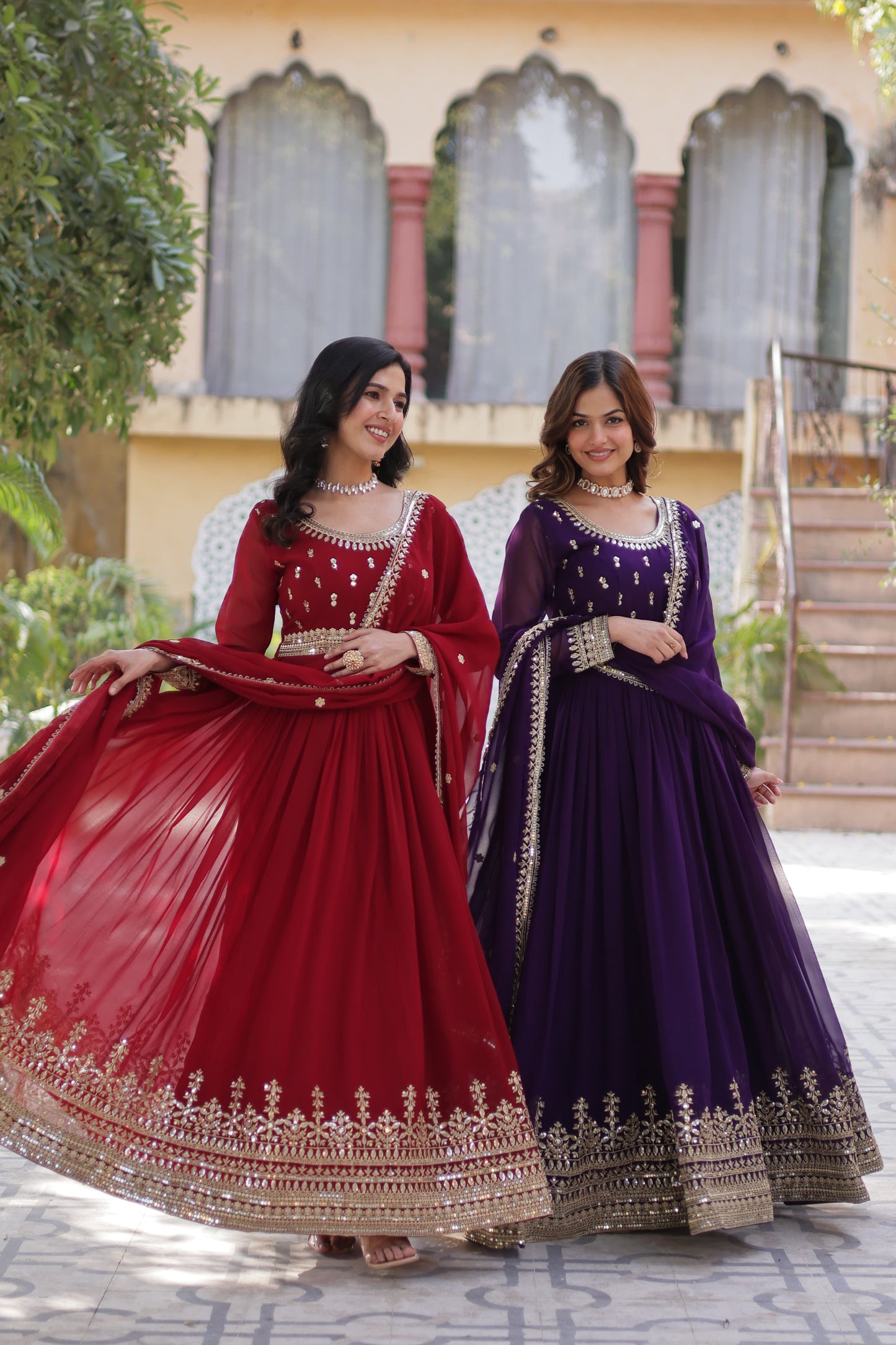 Maroon Faux Blooming with Embroidery Zari Sequins Work Gown With Dupatta