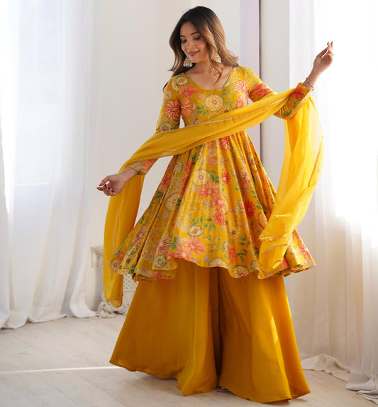 Yellow Romansilk Chanderi with Discharge Print Kediya kurta Set