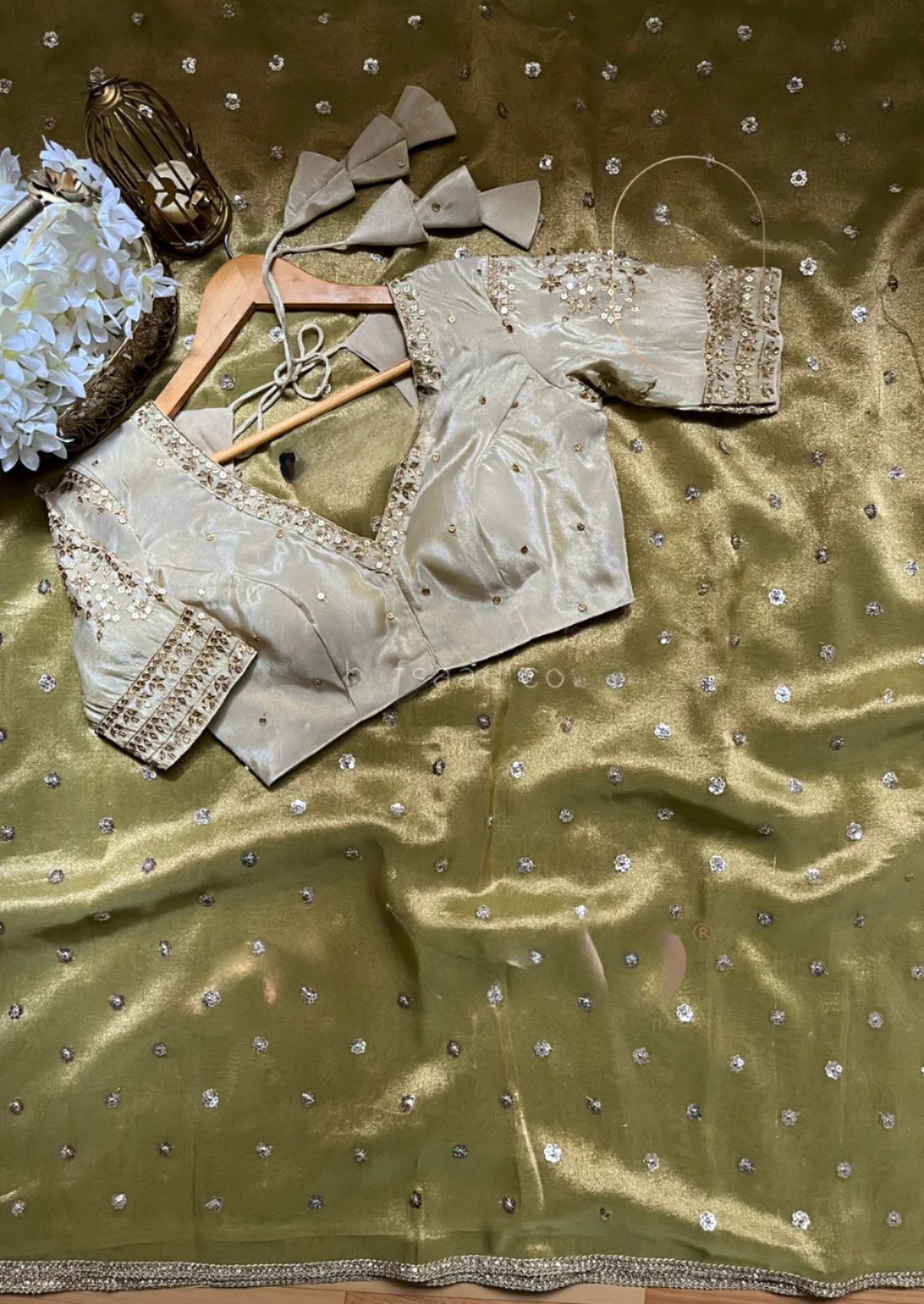 Lemon Green Heavy Twill Net With Sequins Work