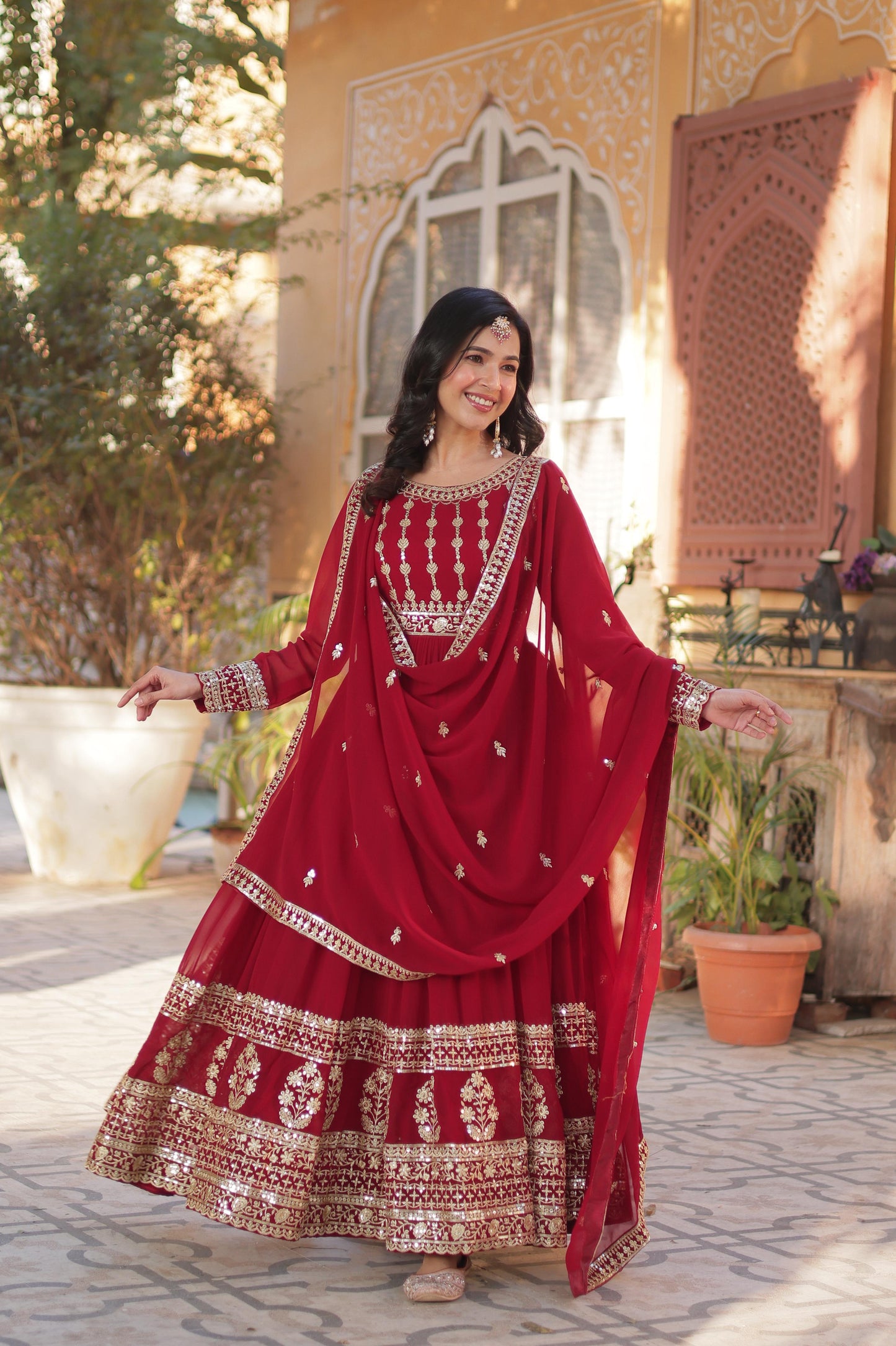 Maroon Embroidery Zari Sequins Work Gown With Dupatta