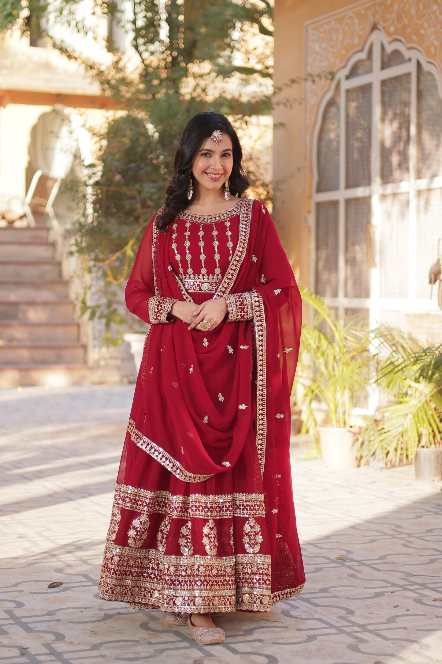 Maroon Embroidery Zari Sequins Work Gown With Dupatta