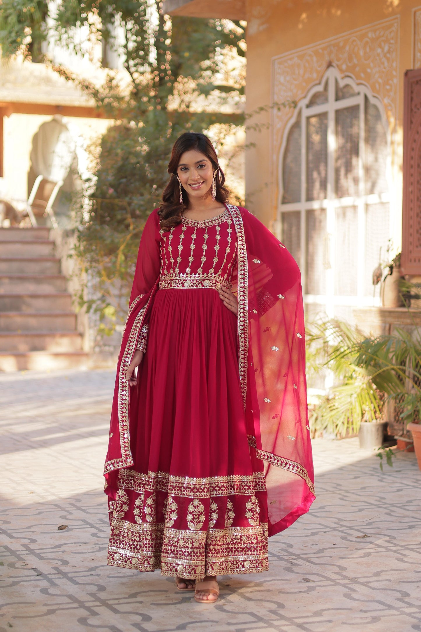 Maroon Embroidery Zari Sequins Work Gown With Dupatta