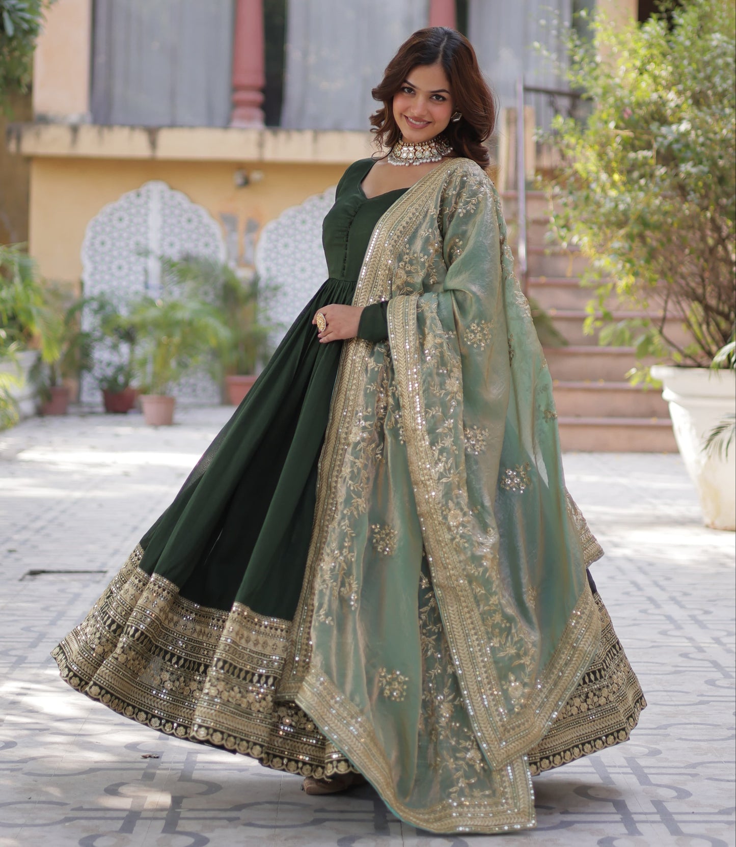 Mehendi Shimmer Vichitra Sequins Embroidered Work Gown With Dupatta