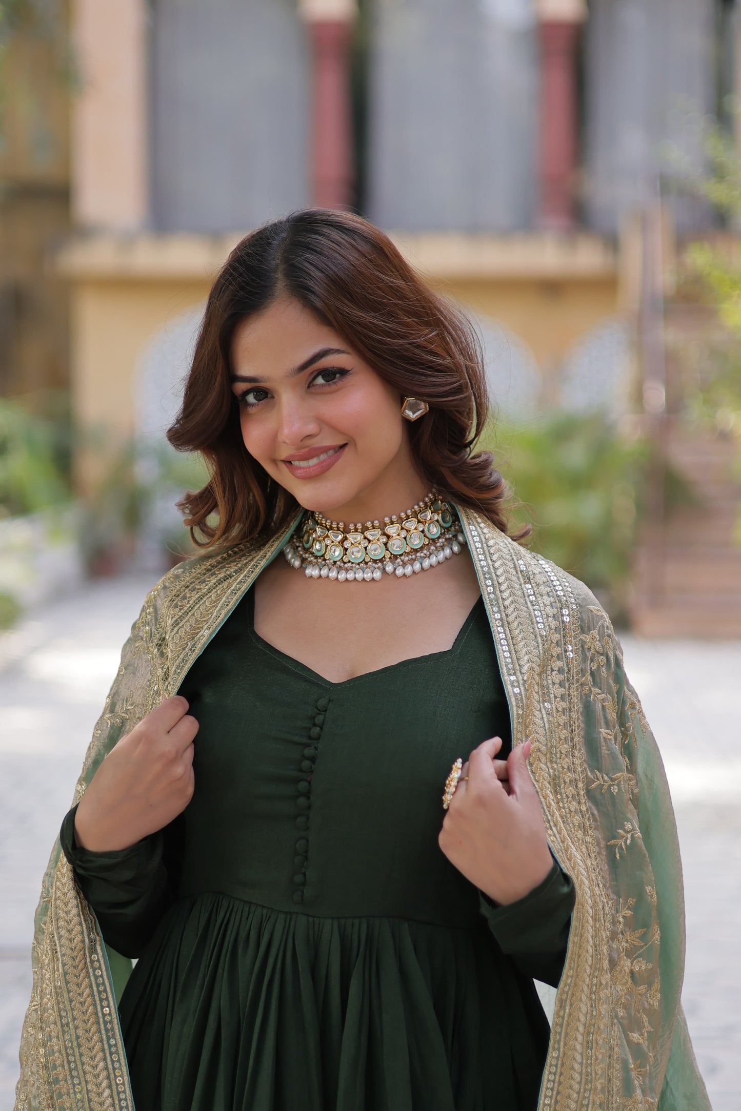 Mehendi Shimmer Vichitra Sequins Embroidered Work Gown With Dupatta