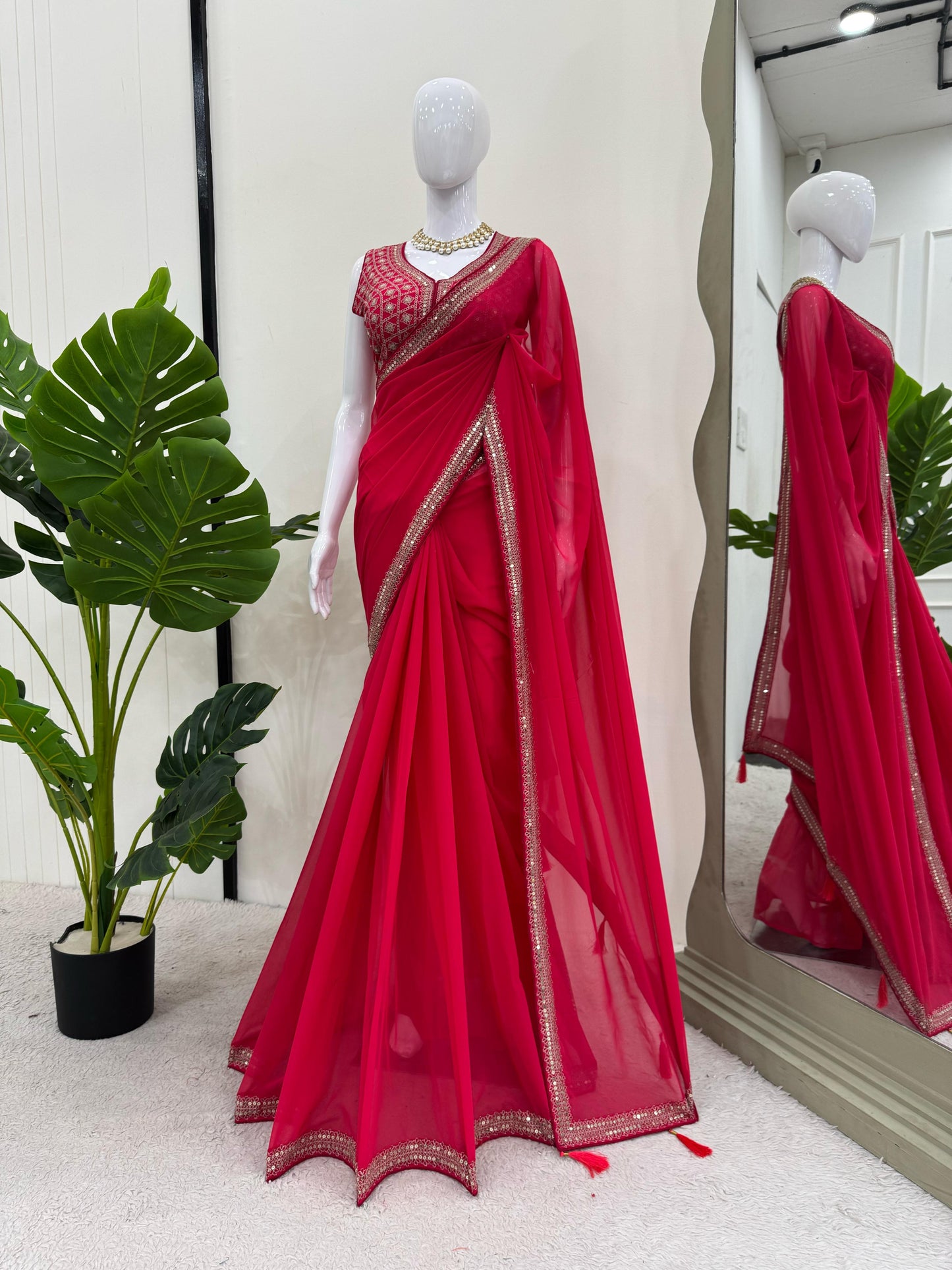 Red Sequins work Georgette Saree