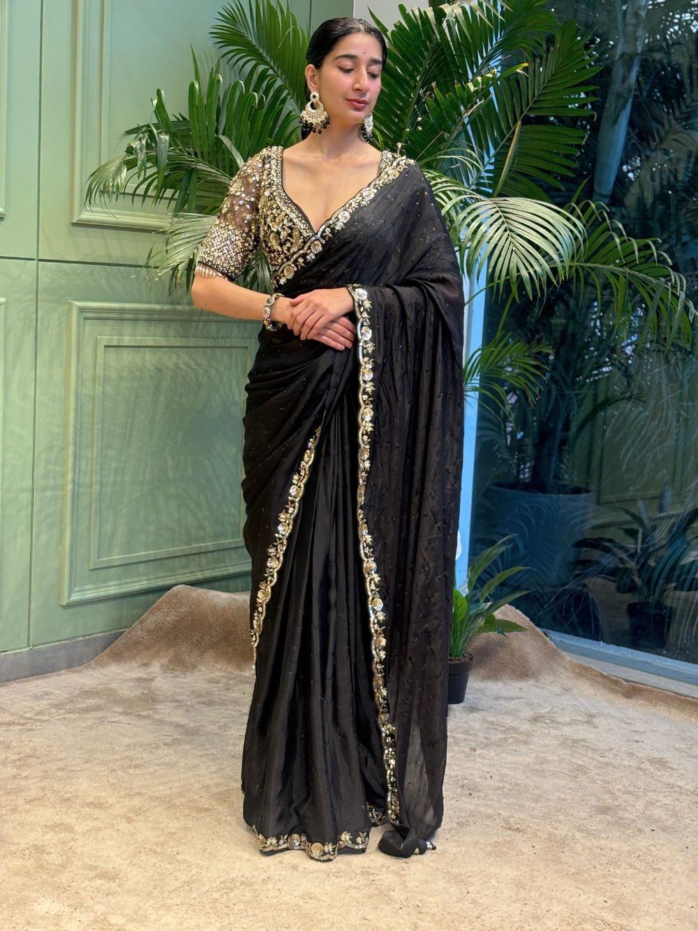 Black Soft Rangoli Silk With  Diamond Work Saree