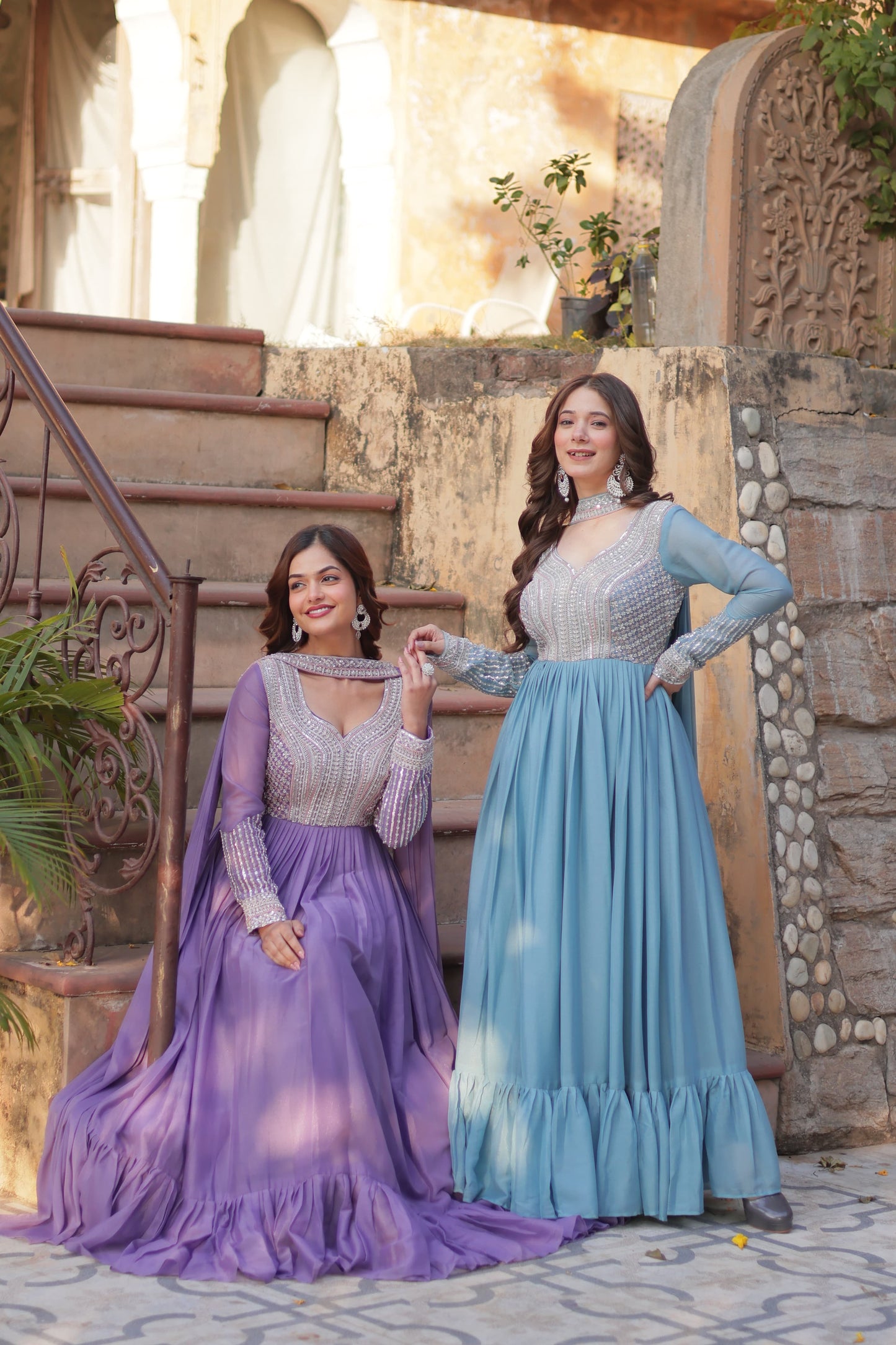 Lavender Star Georgette Sequins Work Gown With Dupatta