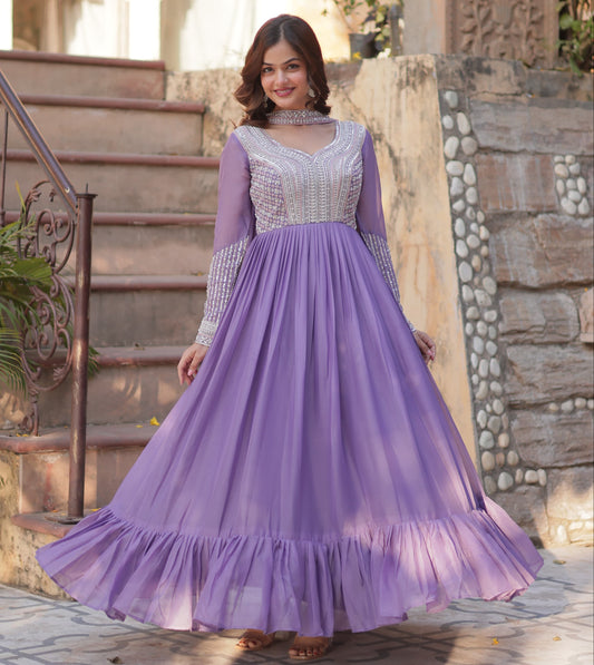 Lavender Star Georgette Sequins Work Gown With Dupatta