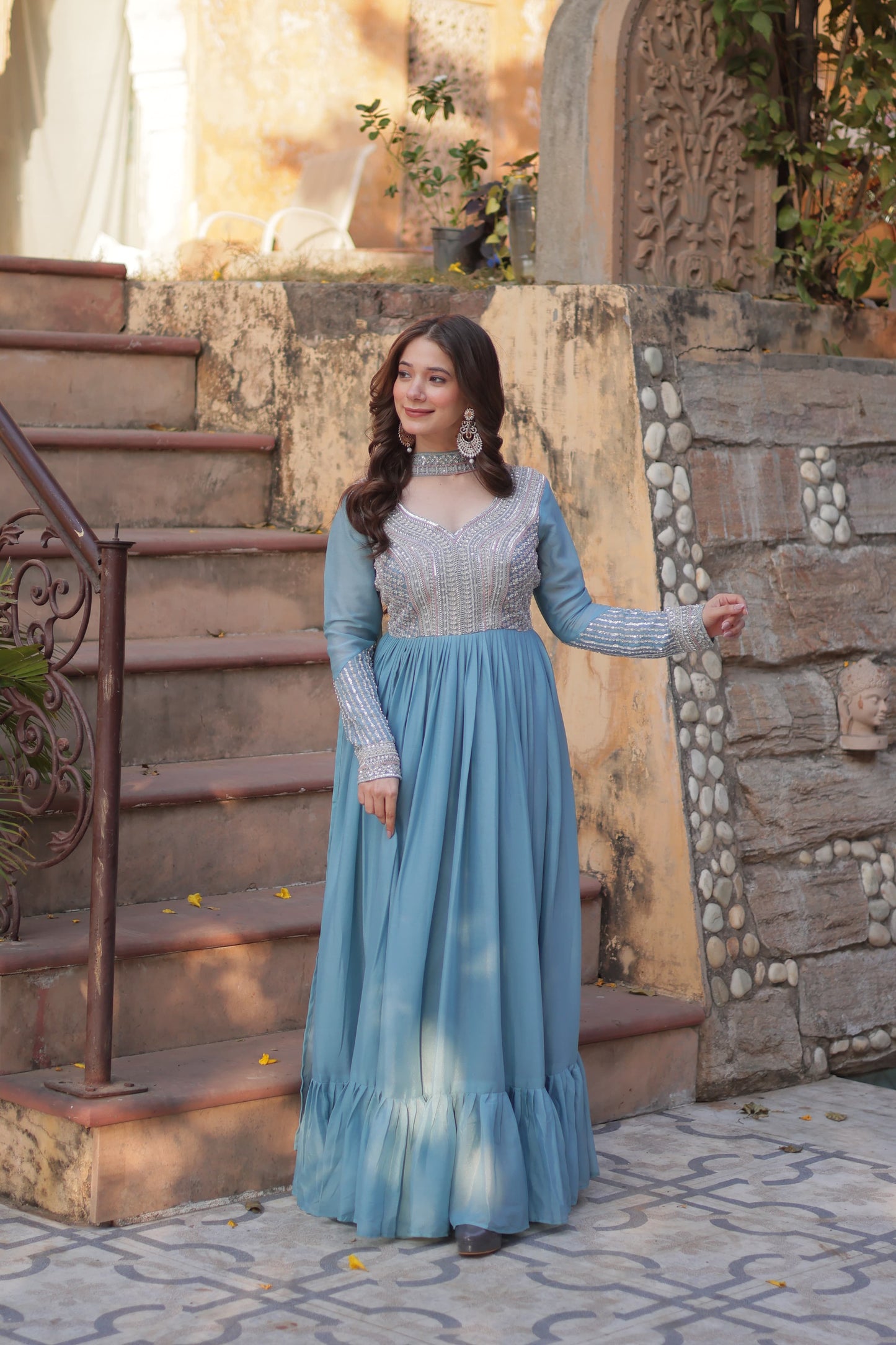 Lavender Star Georgette Sequins Work Gown With Dupatta