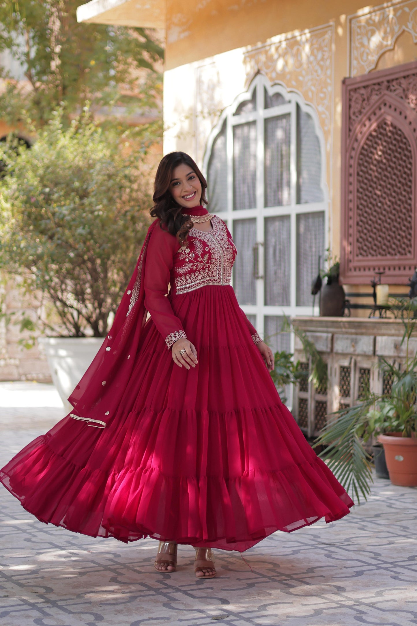 Deeppink Attractive Embroidered Pearl Work Gown With Dupatta