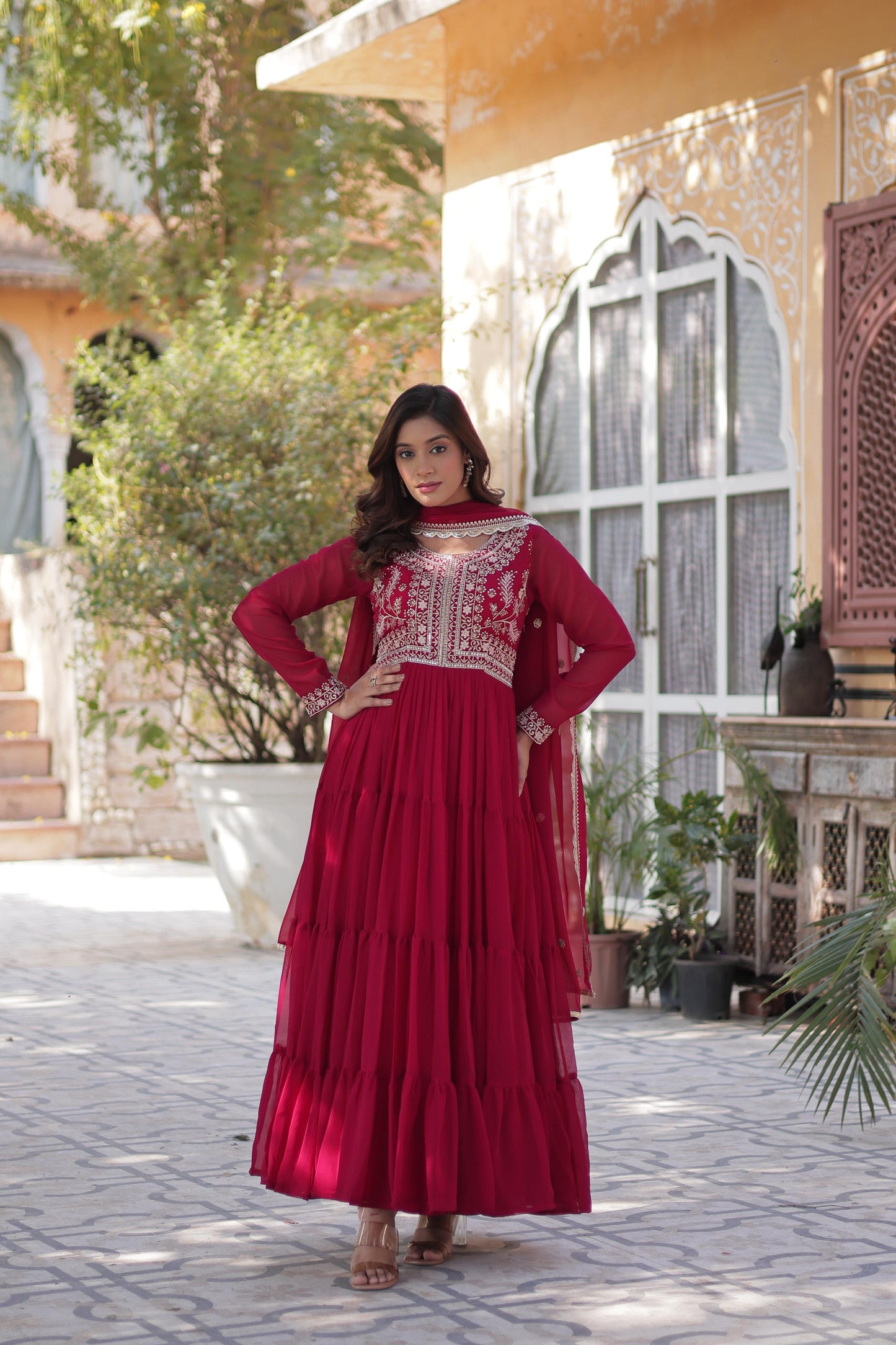 Deeppink Attractive Embroidered Pearl Work Gown With Dupatta