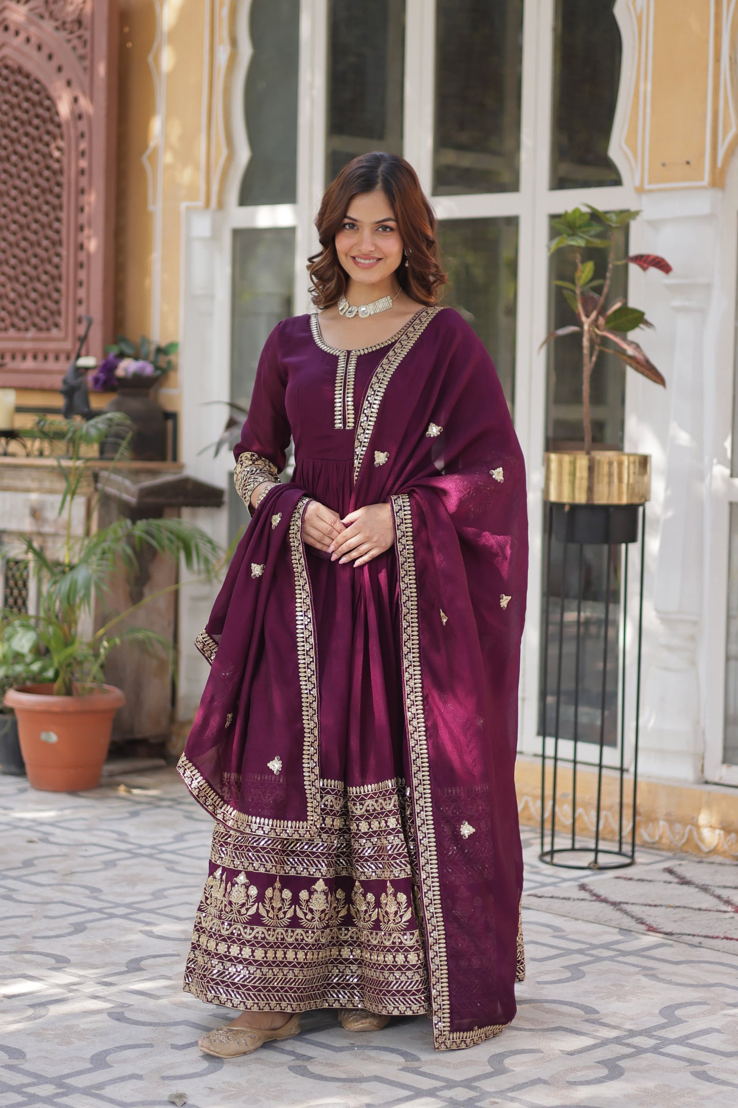 Wine Shimmer Vichitra with Rich Sequins Embroidered Gown With Dupatta