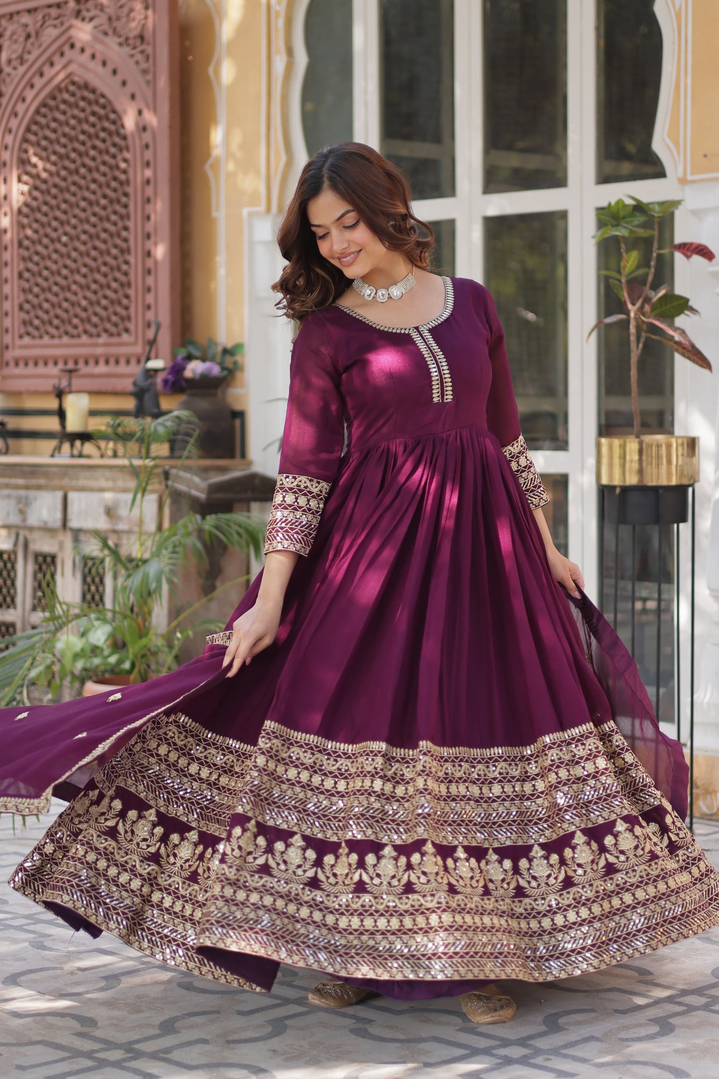 Wine Shimmer Vichitra with Rich Sequins Embroidered Gown With Dupatta