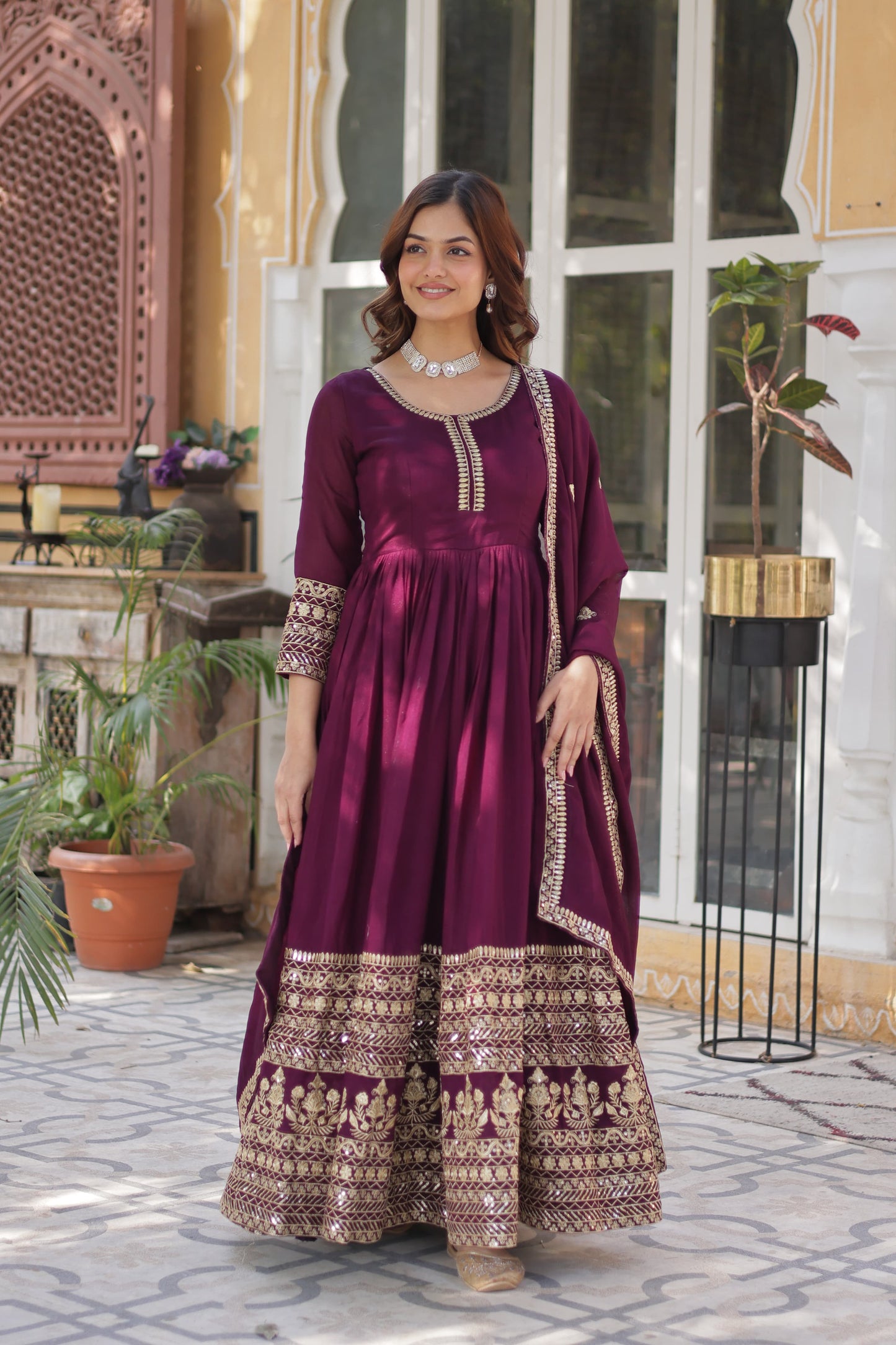 Wine Shimmer Vichitra with Rich Sequins Embroidered Gown With Dupatta