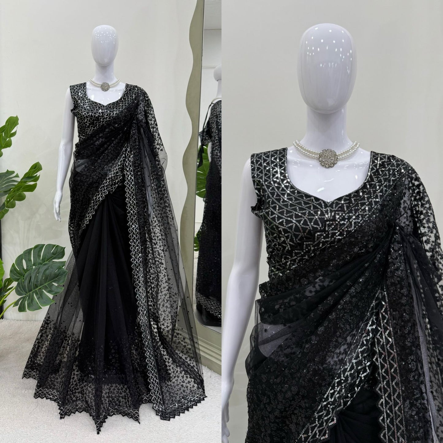 Black Soft Net With Sequence Work Saree