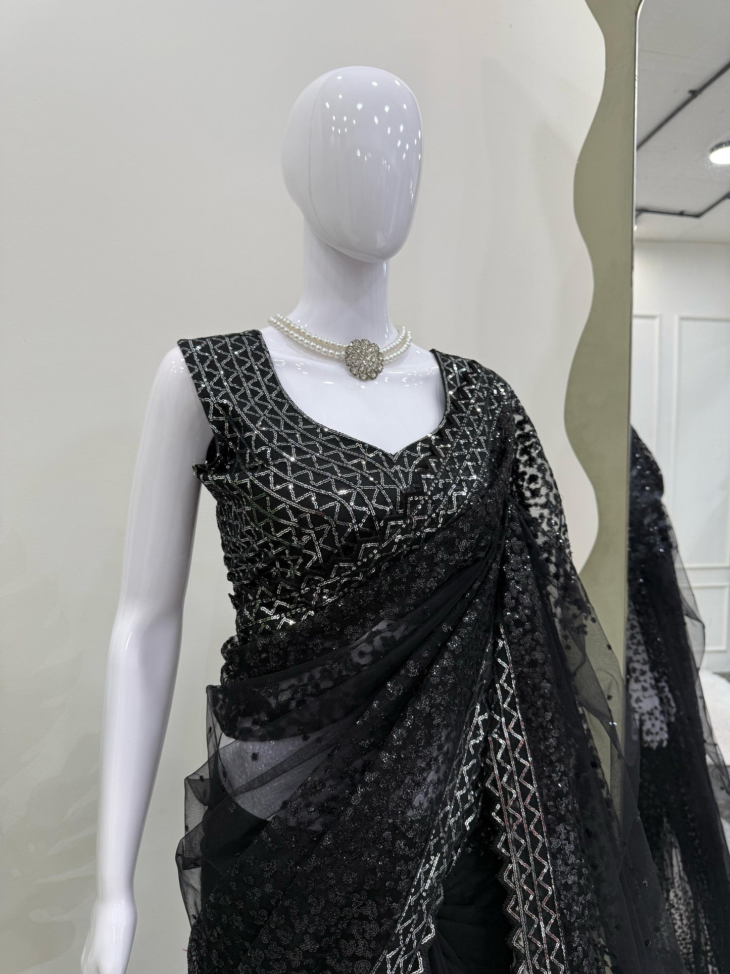 Black Soft Net With Sequence Work Saree