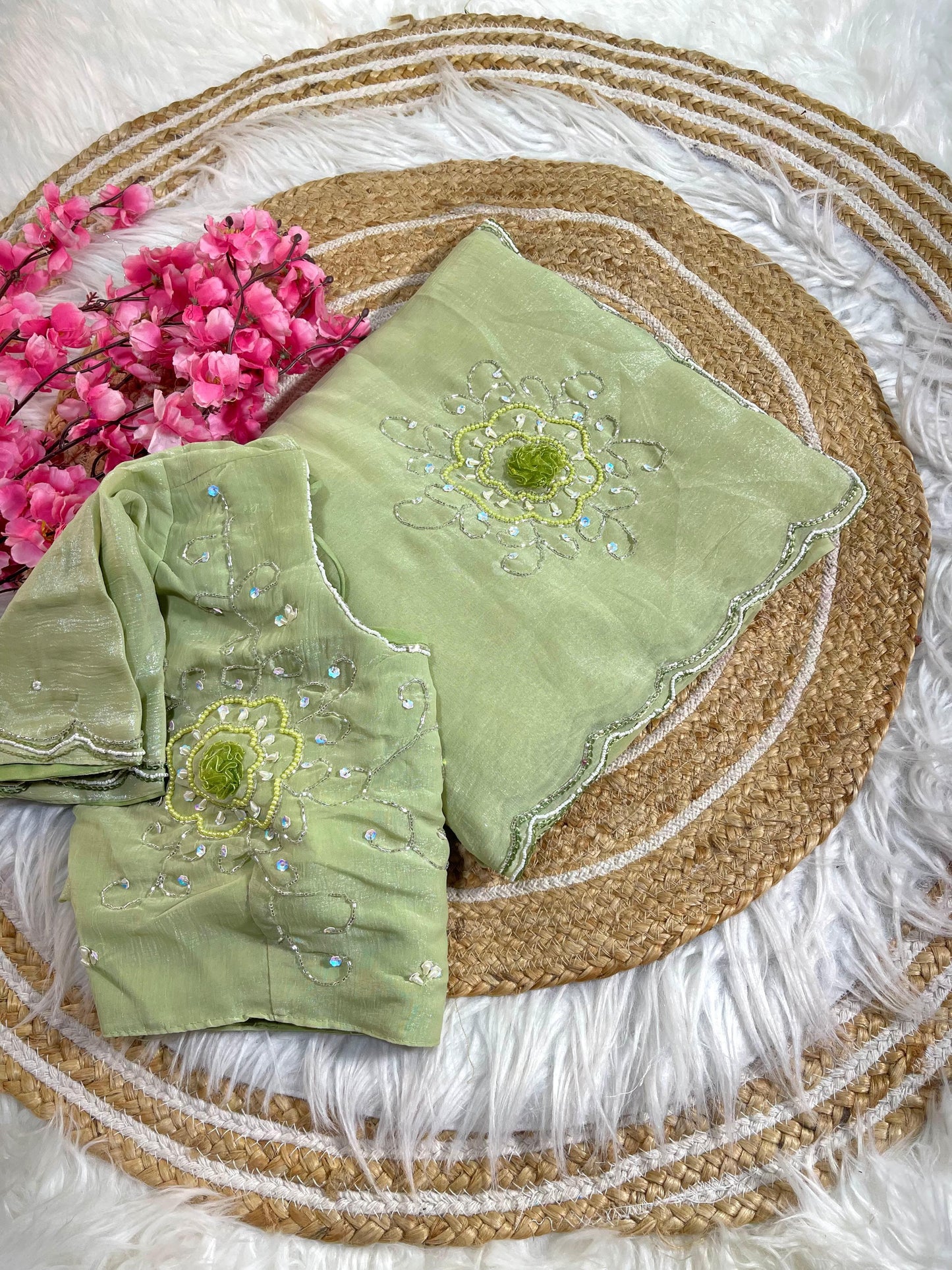 Pure Soft Crunchy Silk With Cutdana & Moti  Work Saree
