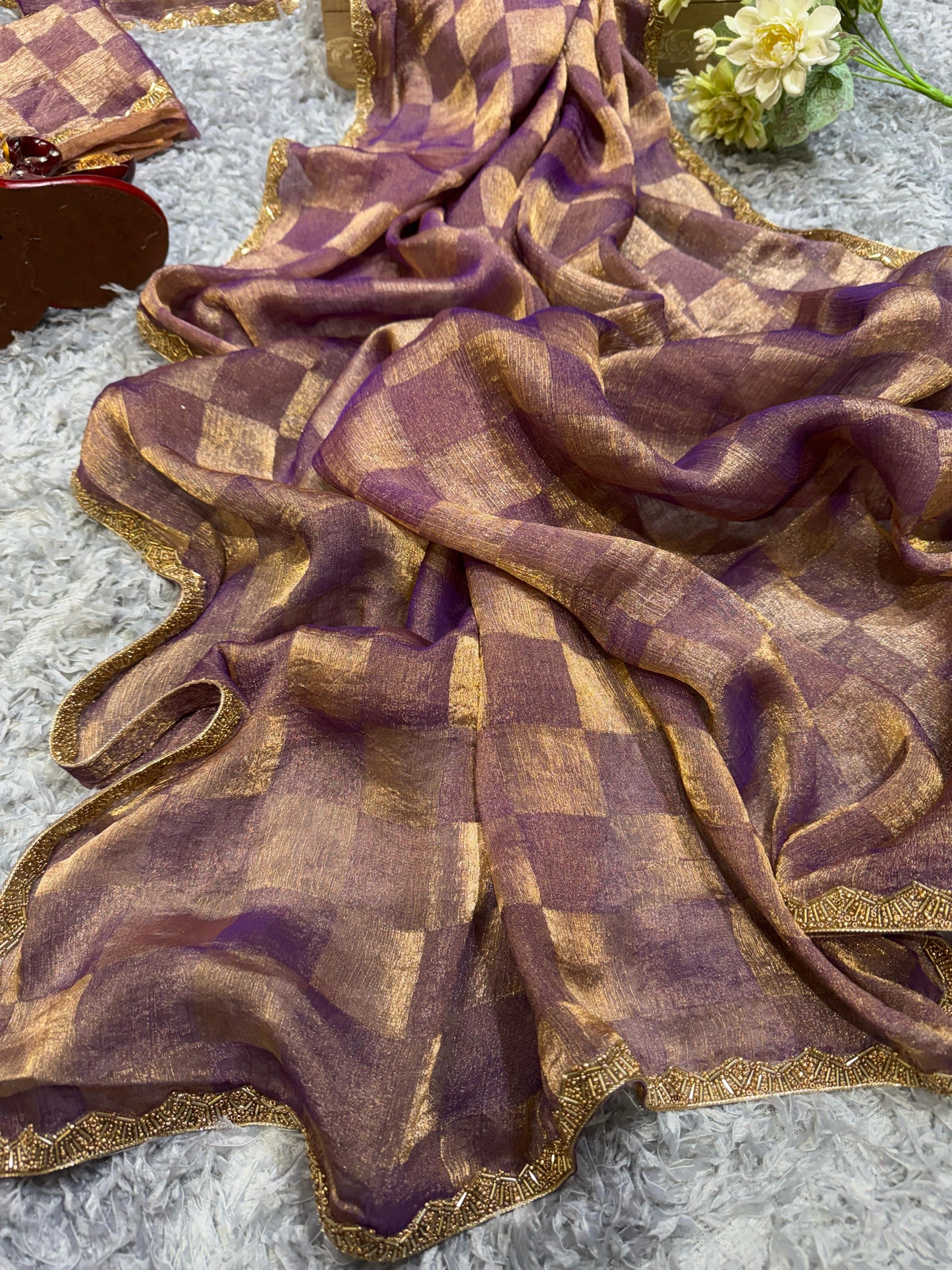 New Box Pattern Space Silk With Katdana Moti Work Saree