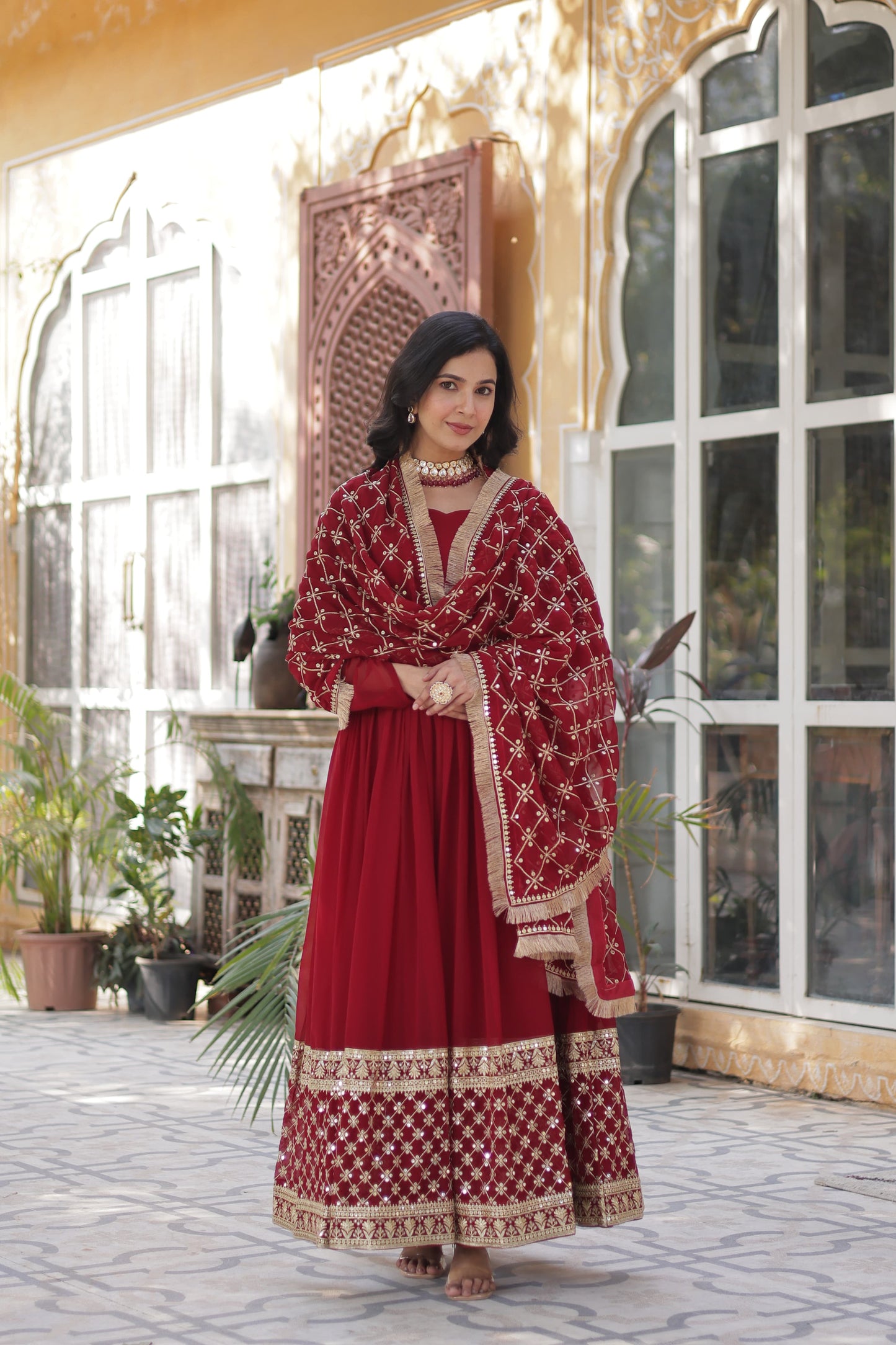 Maroon  Faux Blooming with Embroidery Zari Work Gown With Dupatta