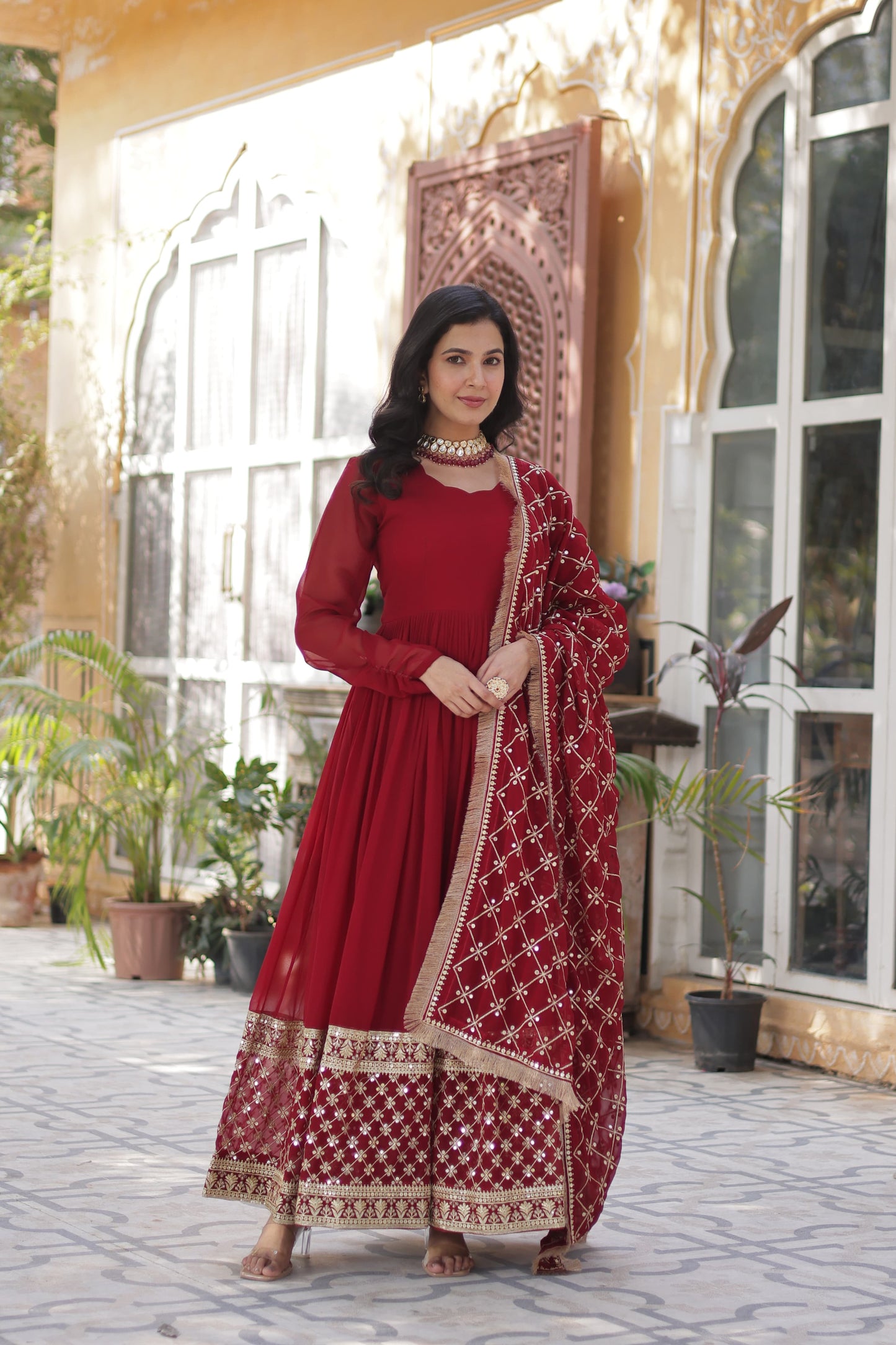 Maroon  Faux Blooming with Embroidery Zari Work Gown With Dupatta