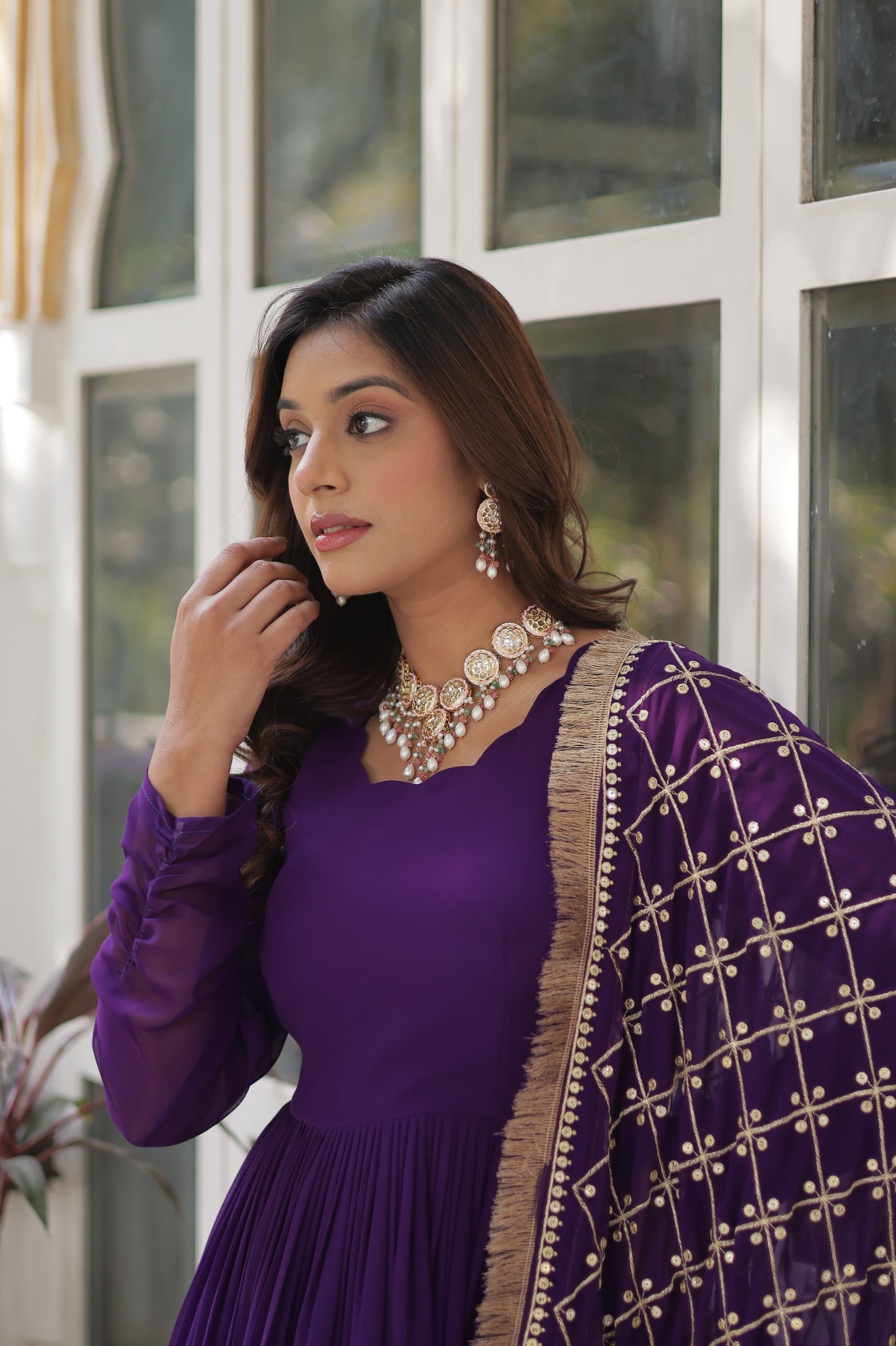 Maroon  Faux Blooming with Embroidery Zari Work Gown With Dupatta