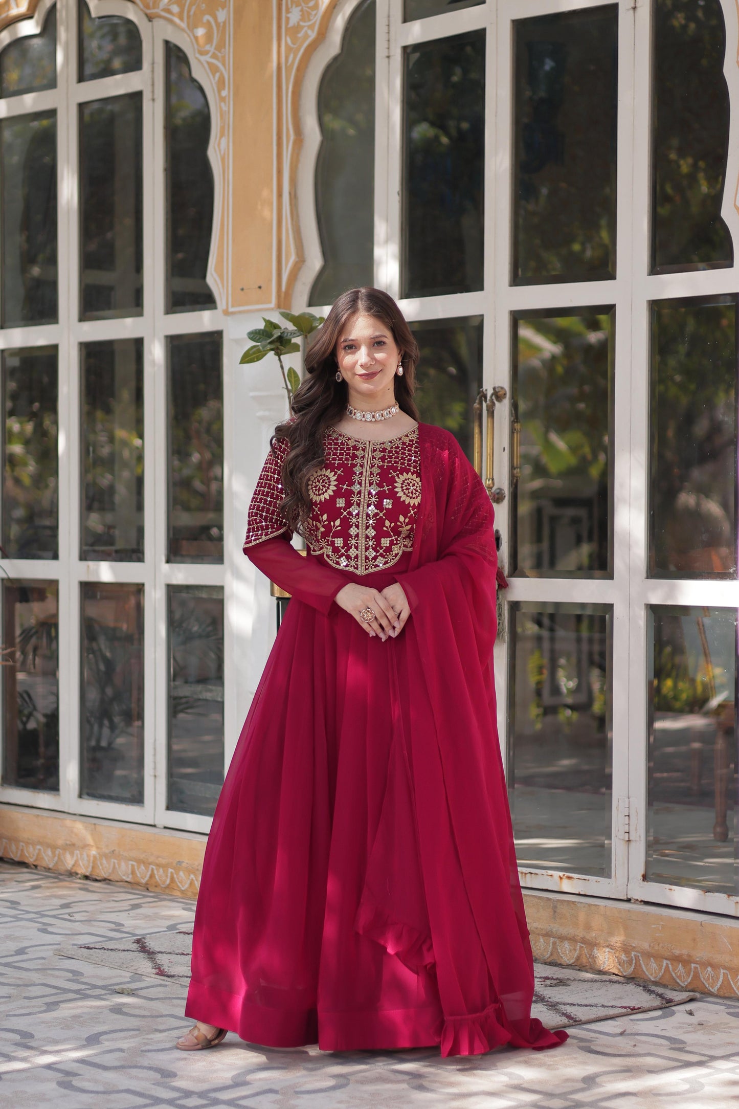 Primium  Georgette with Attractive Embroidered Work Gown With Dupatta