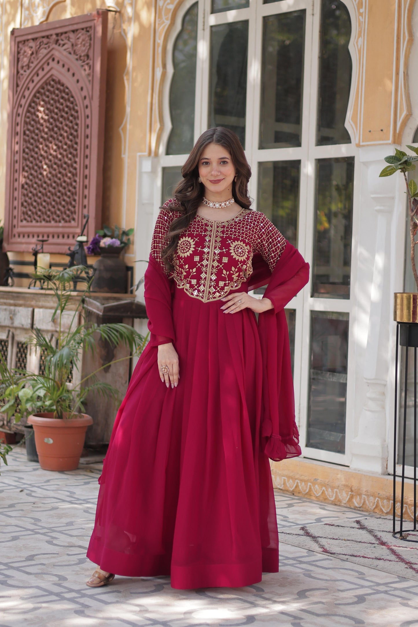 Primium  Georgette with Attractive Embroidered Work Gown With Dupatta