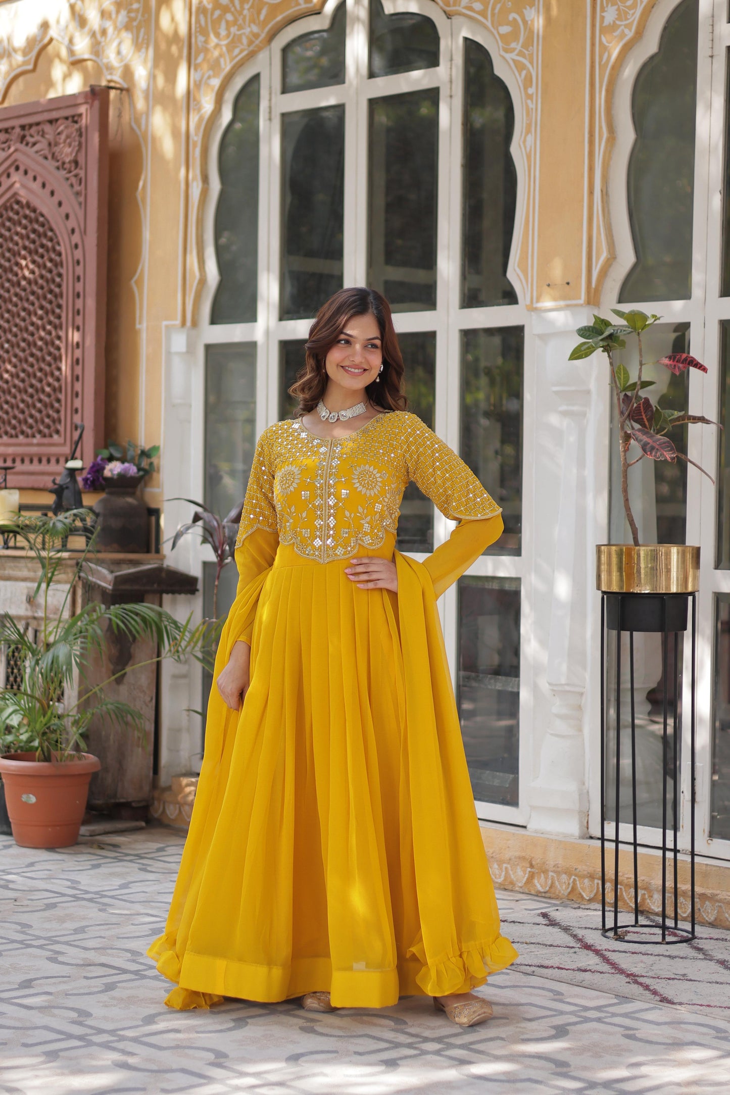 Primium  Georgette with Attractive Embroidered Work Gown With Dupatta
