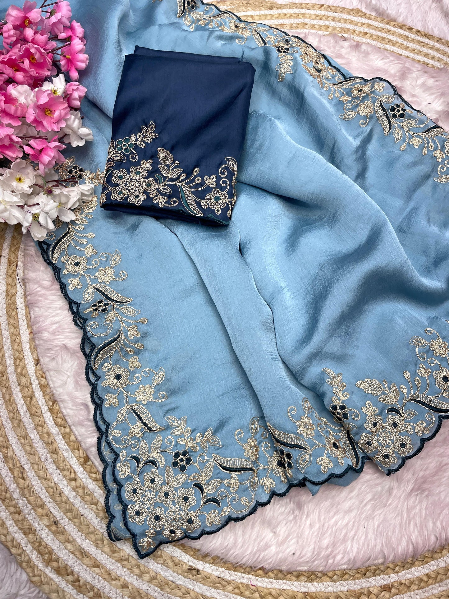 Malai Silk Satin With Cut Work Border Saree