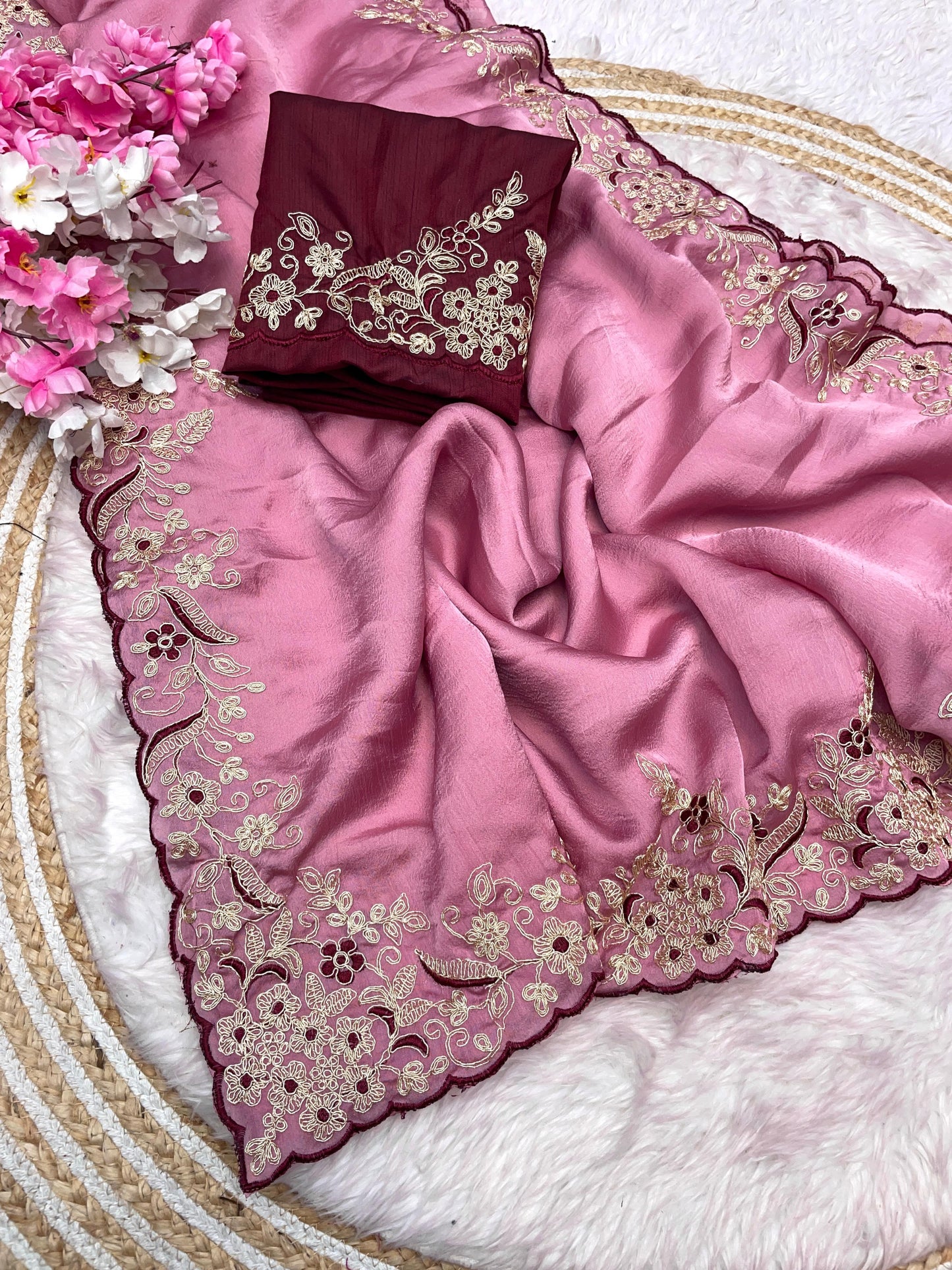 Malai Silk Satin With Cut Work Border Saree