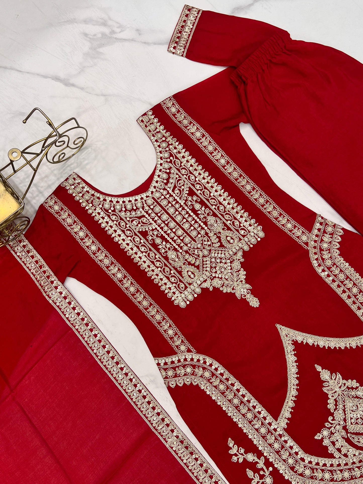 Red Pure Vichitra Silk With Embroidery Dori work 3pc Kurta Set