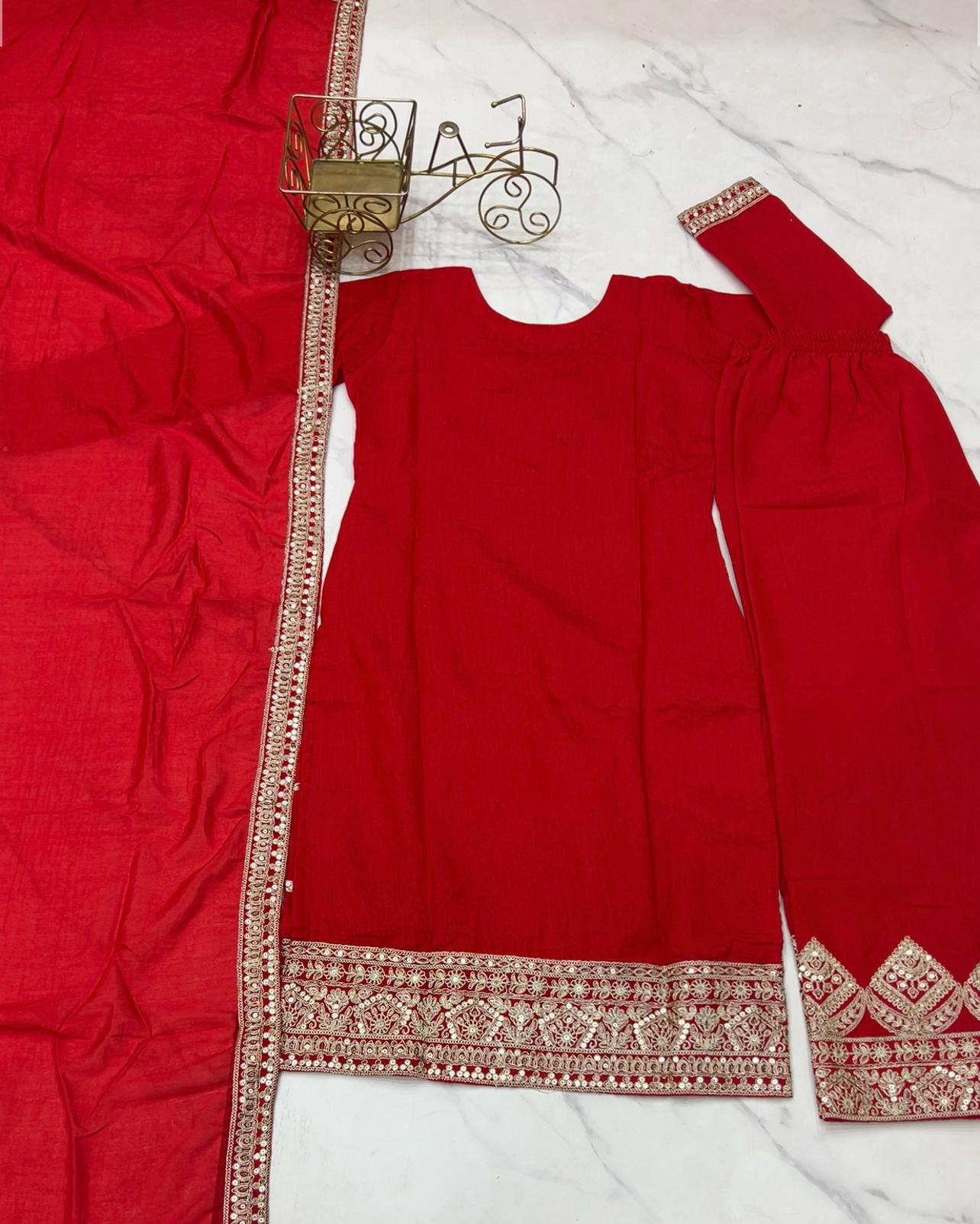 Red Pure Vichitra Silk With Embroidery Dori work 3pc Kurta Set