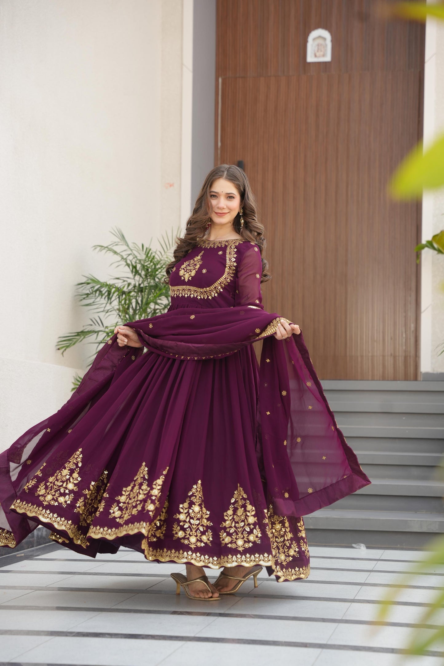 Wine Georgette With Zari Thread & Sequins Embroidery Gown With Dupatta