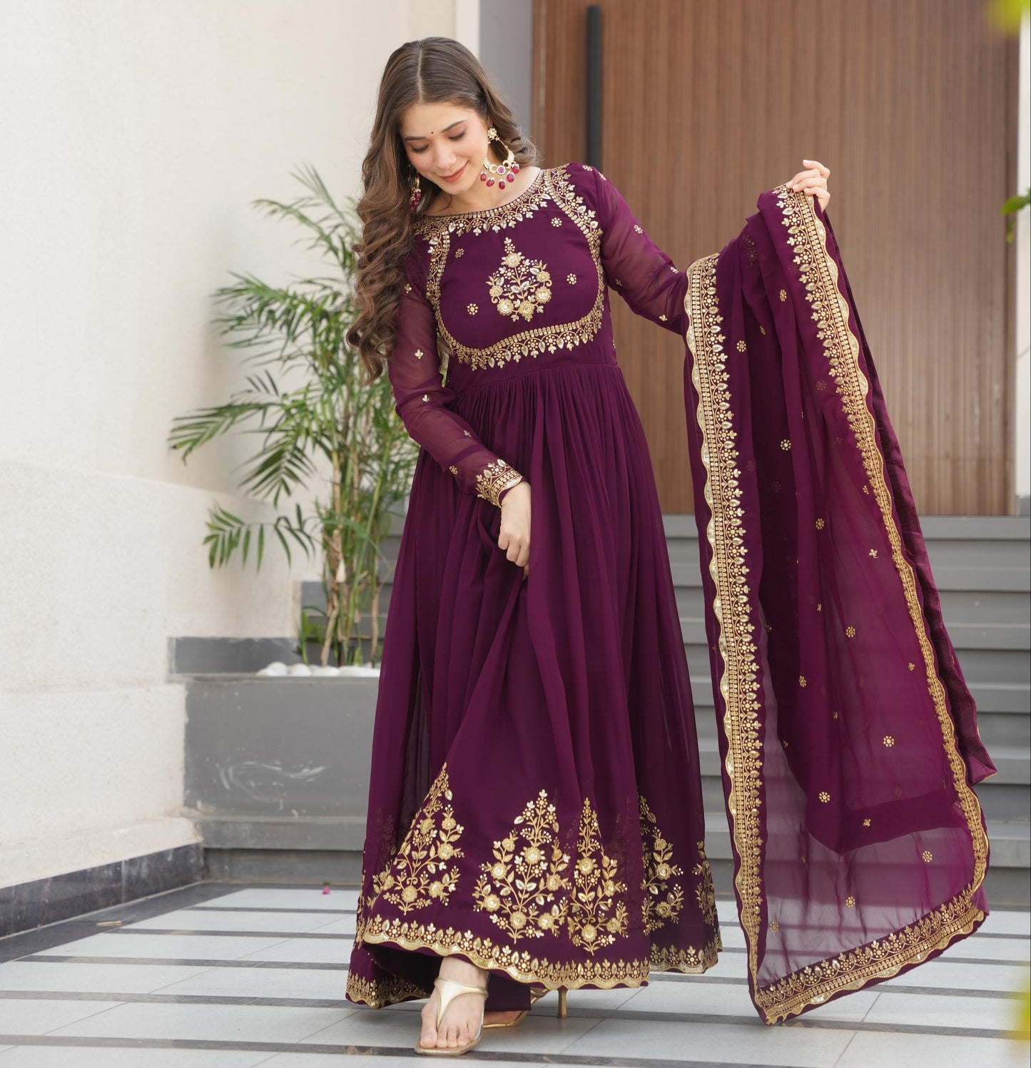 Wine Georgette With Zari Thread & Sequins Embroidery Gown With Dupatta