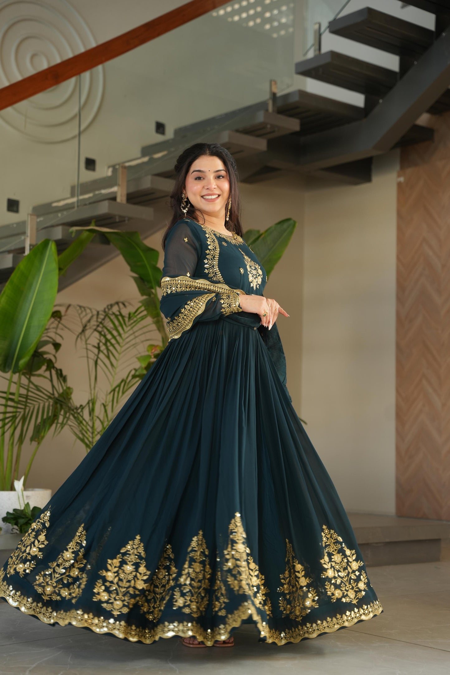 Wine Georgette With Zari Thread & Sequins Embroidery Gown With Dupatta