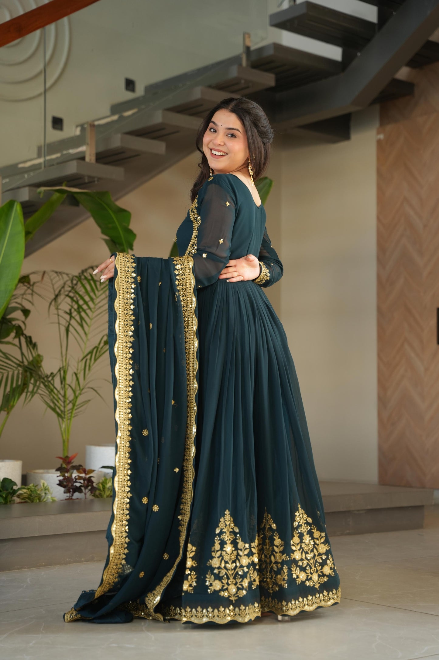 Wine Georgette With Zari Thread & Sequins Embroidery Gown With Dupatta