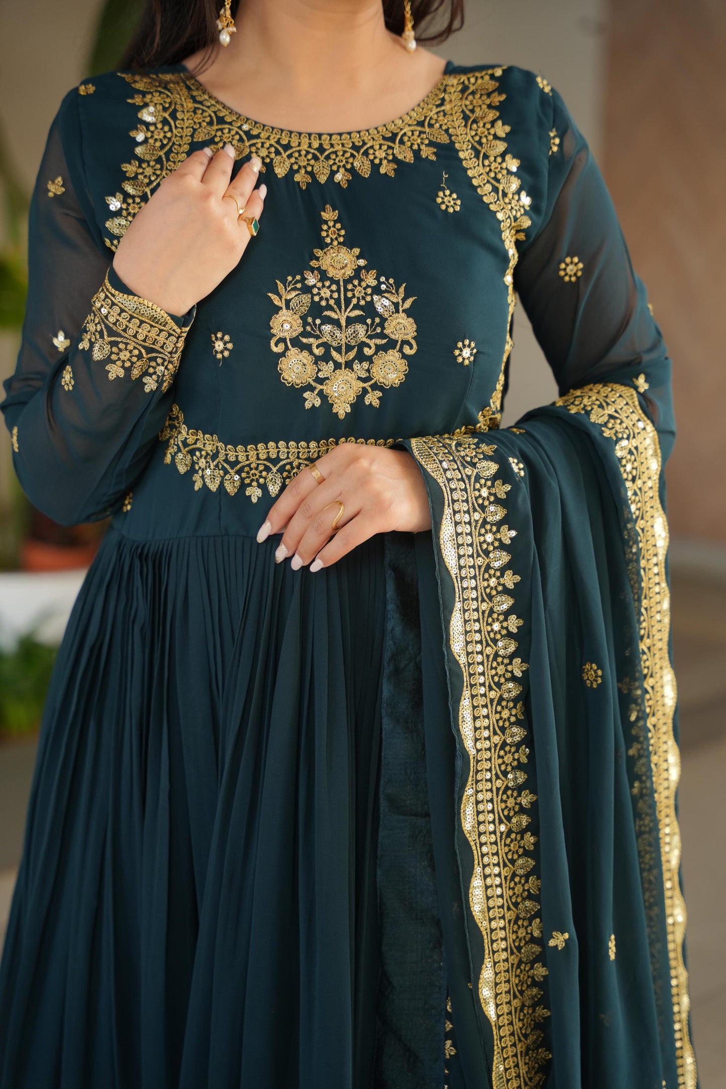 Wine Georgette With Zari Thread & Sequins Embroidery Gown With Dupatta