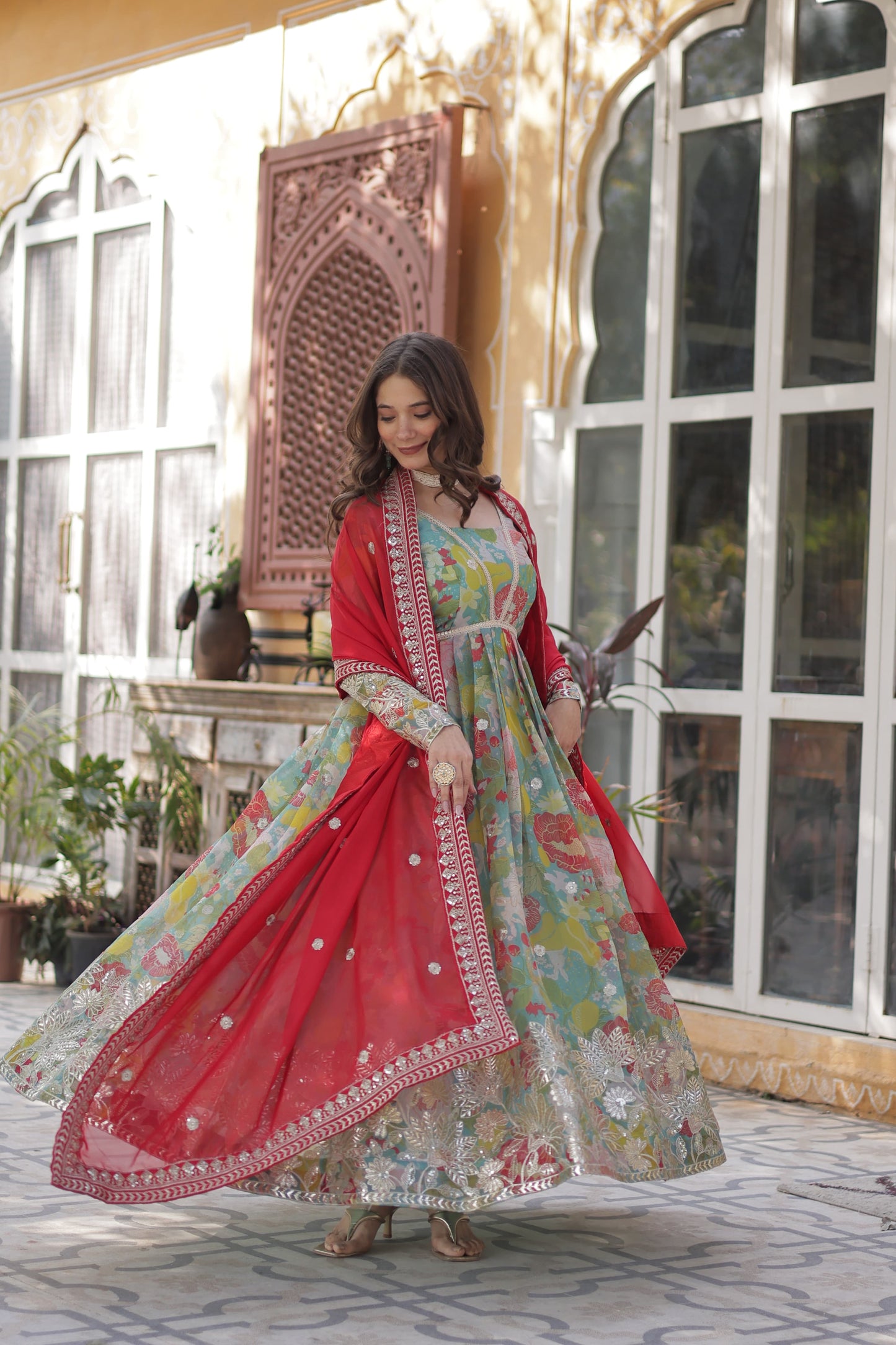 Digital Printed Russian Silk Sequins Work Gown With Dupatta
