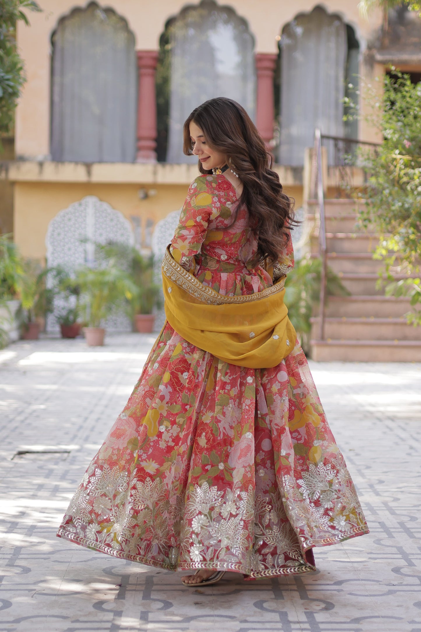 Digital Printed Russian Silk Sequins Work Gown With Dupatta