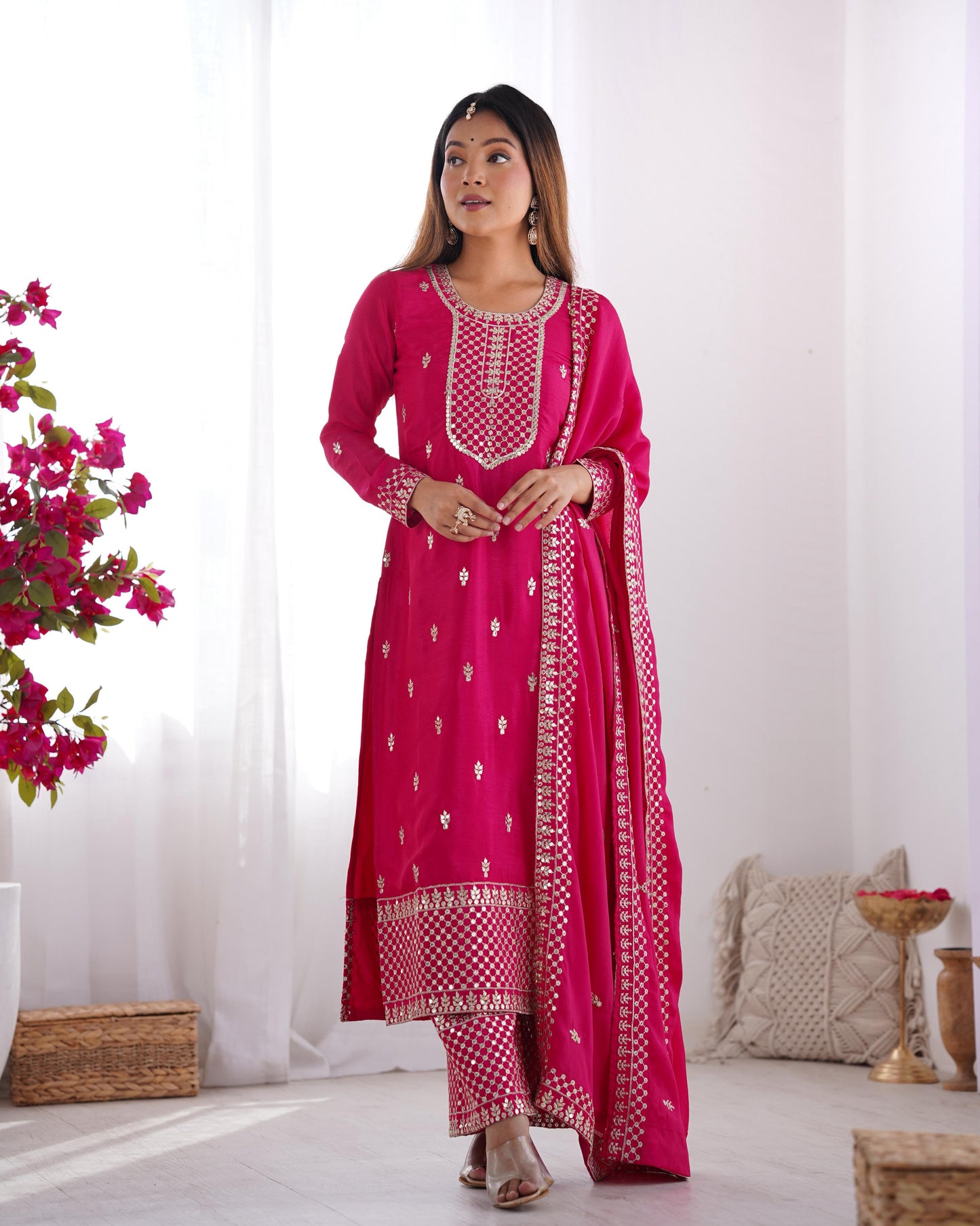 Pink Pure Chinon Silk Embroidery with Sequins 3pc Kurta Set