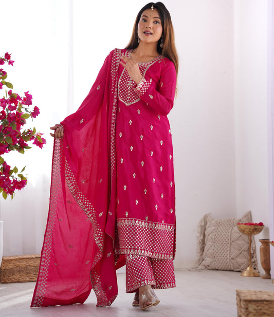 Pink Pure Chinon Silk Embroidery with Sequins 3pc Kurta Set