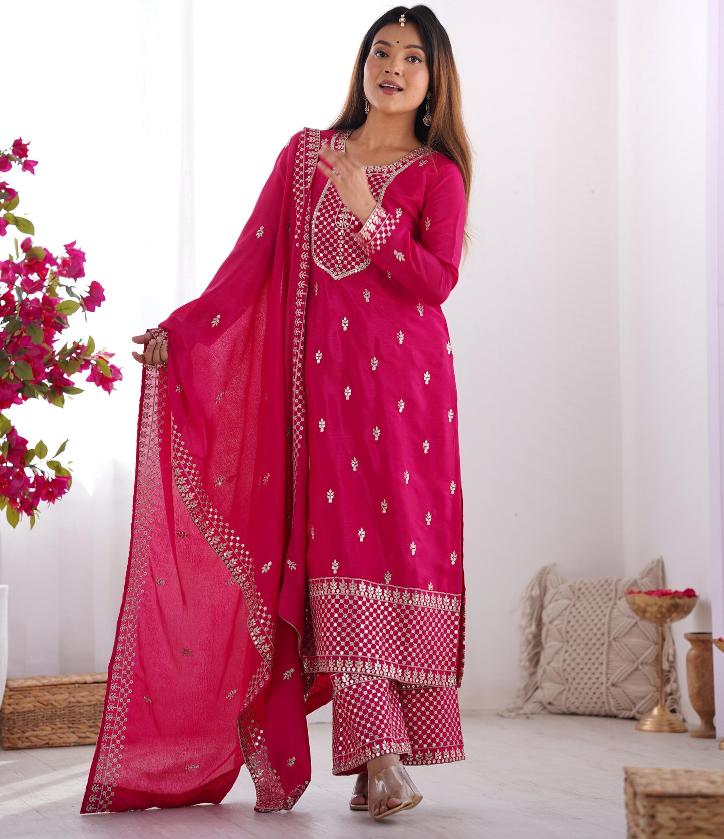 Pink Pure Chinon Silk Embroidery with Sequins 3pc Kurta Set