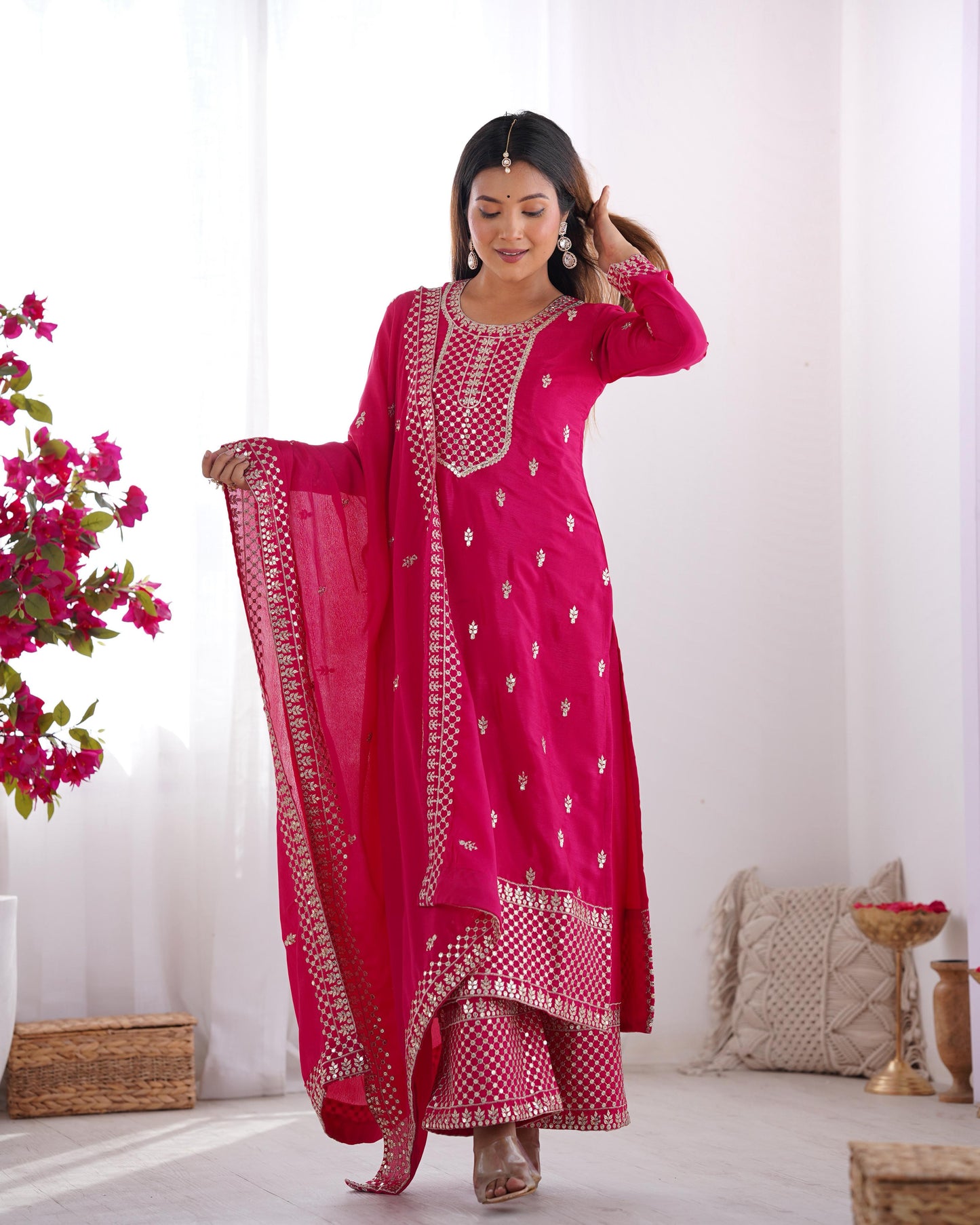 Pink Pure Chinon Silk Embroidery with Sequins 3pc Kurta Set