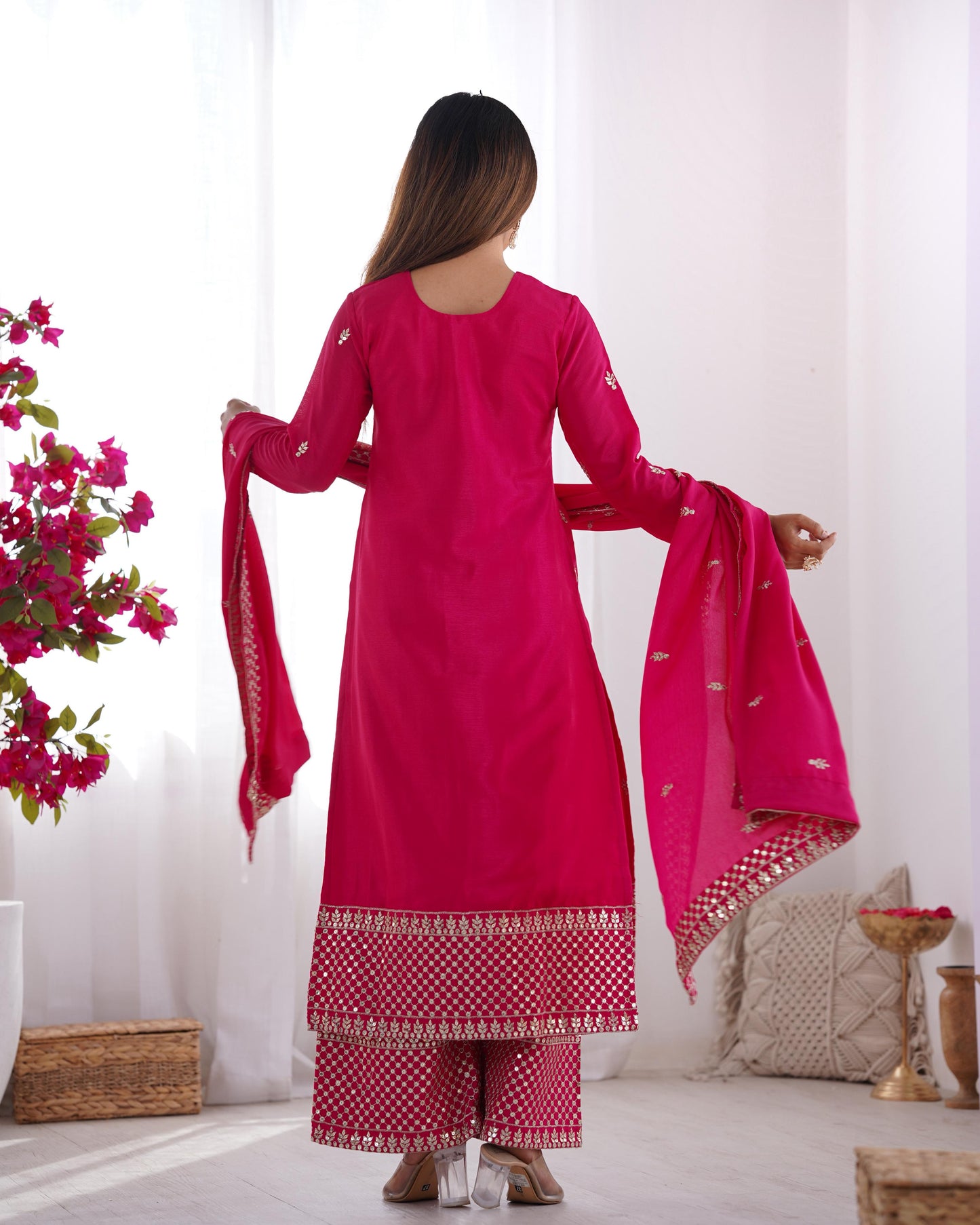 Pink Pure Chinon Silk Embroidery with Sequins 3pc Kurta Set