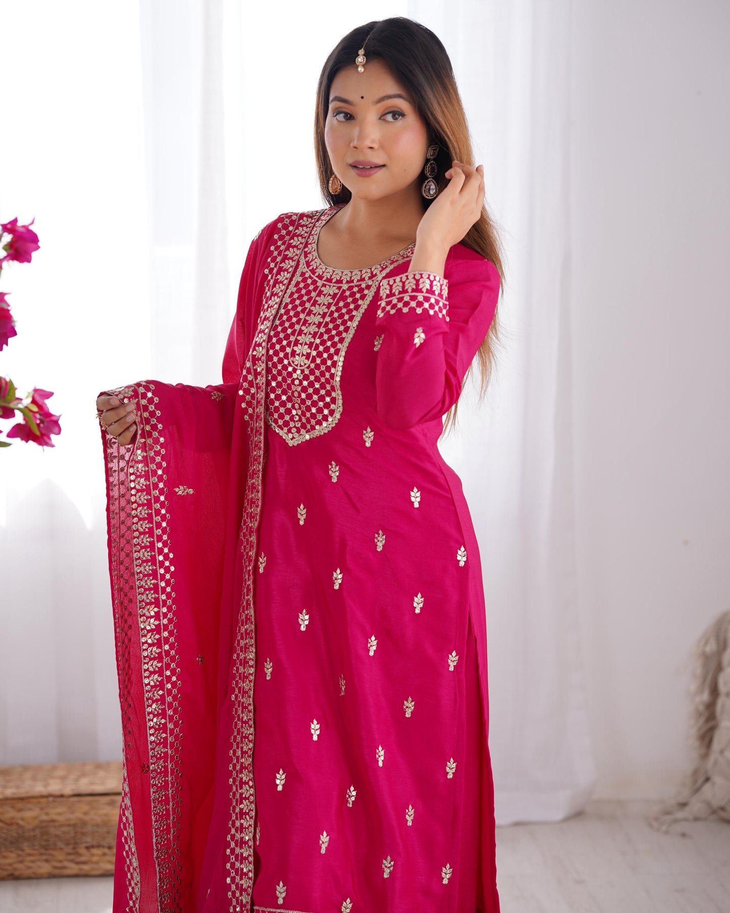 Pink Pure Chinon Silk Embroidery with Sequins 3pc Kurta Set